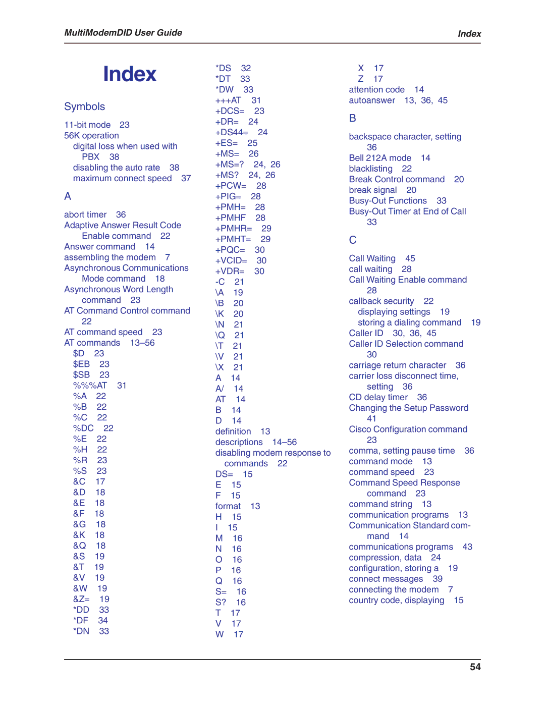 Multi-Tech Systems MT5634ZBA-DID manual Index, Symbols 