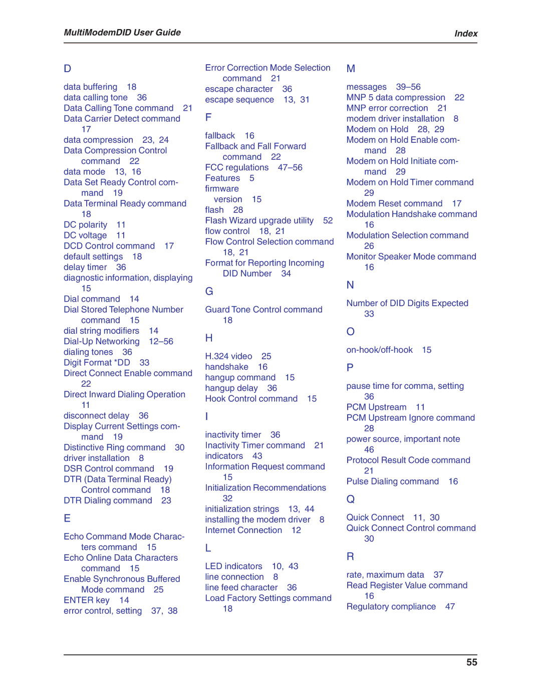 Multi-Tech Systems MT5634ZBA-DID manual MultiModemDID User Guide Index 