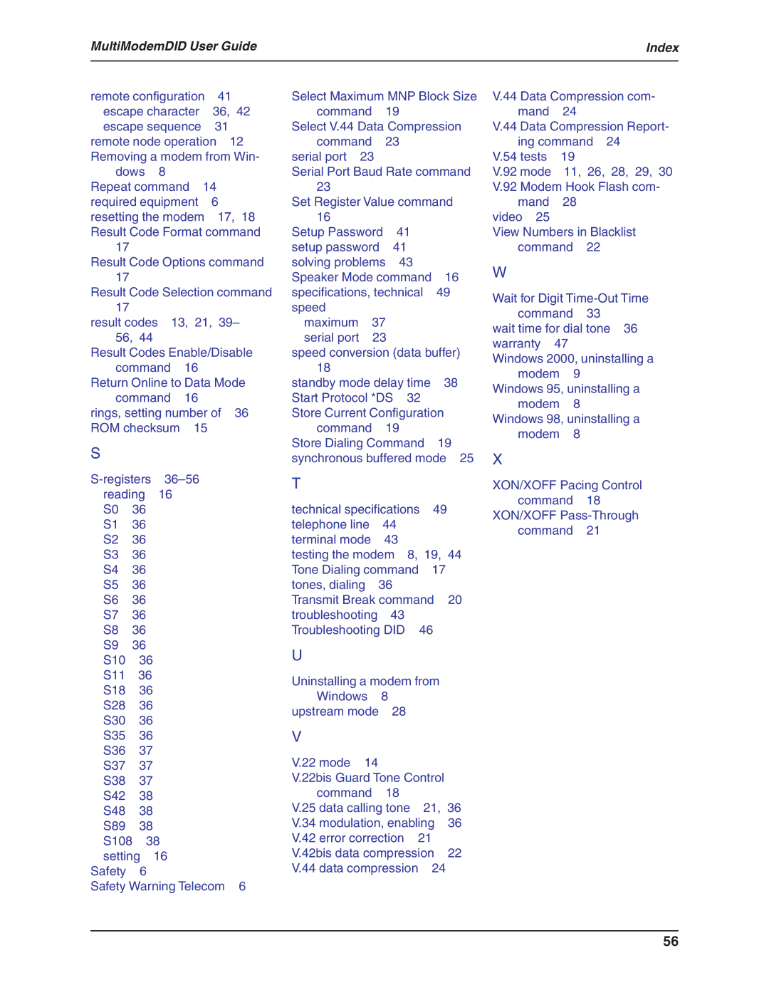 Multi-Tech Systems MT5634ZBA-DID manual MultiModemDID User Guide Index 