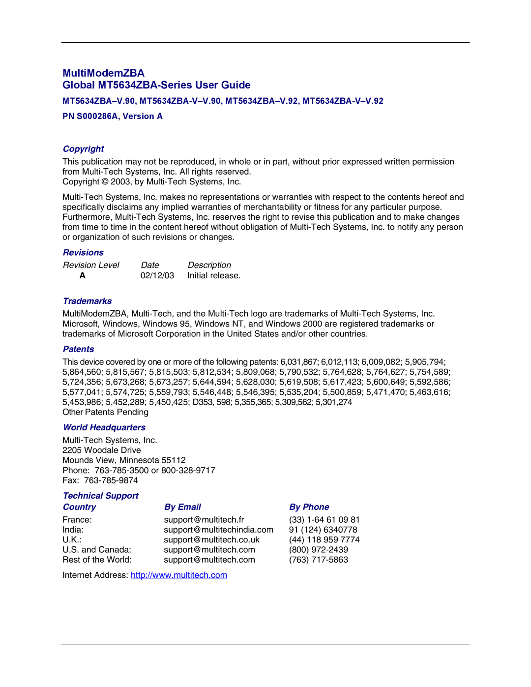 Multi-Tech Systems MT5634ZBAV.92, MT5634ZBA-VV.90, MT5634ZBAV.90 manual MultiModemZBA Global MT5634ZBA-Series User Guide 