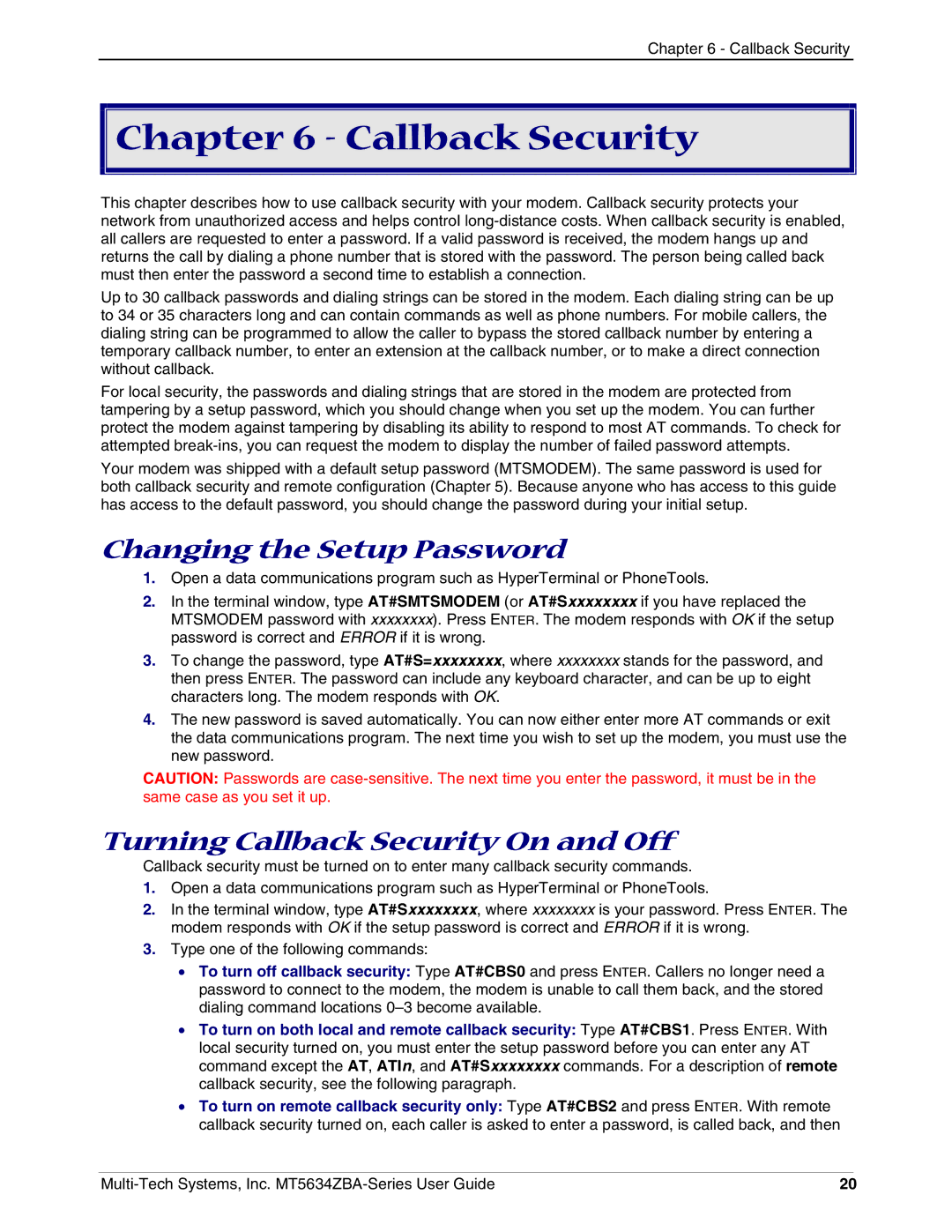 Multi-Tech Systems MT5634ZBAV.92, MT5634ZBA-VV.90 Changing the Setup Password, Turning Callback Security On and Off 