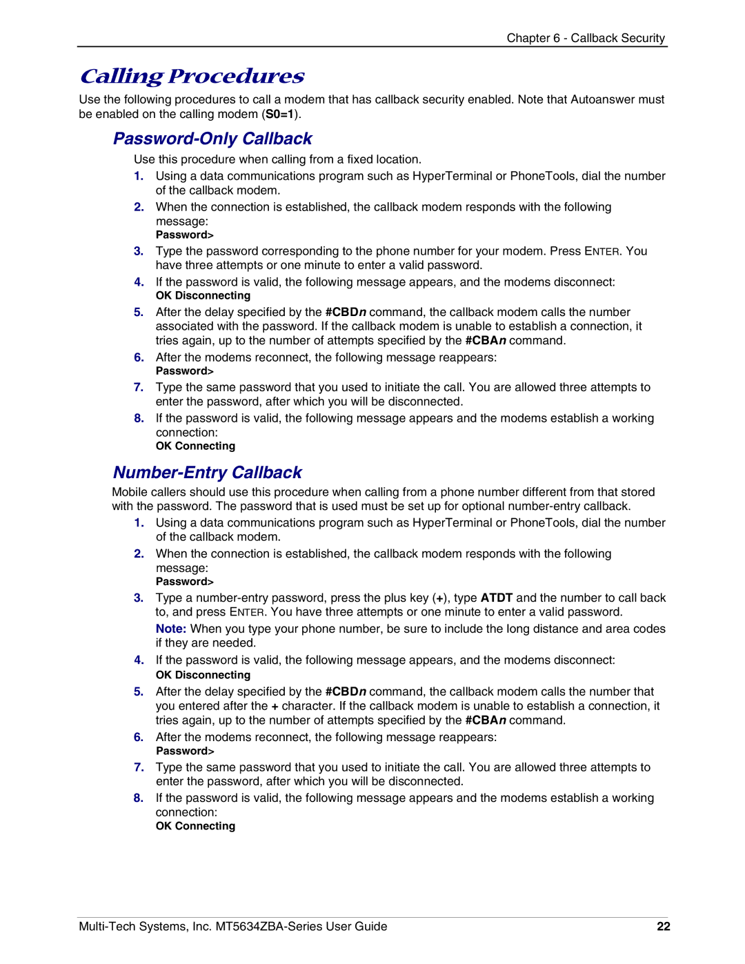Multi-Tech Systems MT5634ZBAV.90, MT5634ZBA-VV.90 manual Calling Procedures, Password-Only Callback, Number-Entry Callback 