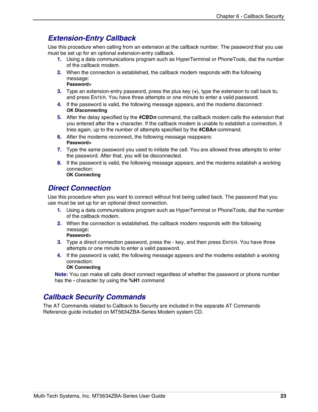 Multi-Tech Systems MT5634ZBAV.92, MT5634ZBA-VV.90 Extension-Entry Callback, Direct Connection, Callback Security Commands 