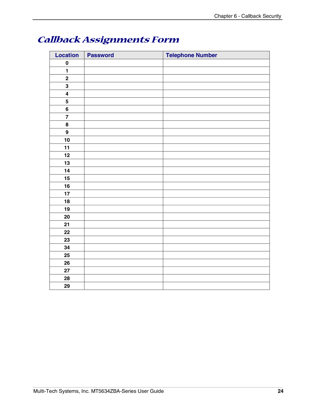 Multi-Tech Systems MT5634ZBA-VV.90, MT5634ZBAV.90, MT5634ZBAV.92 manual Callback Assignments Form 