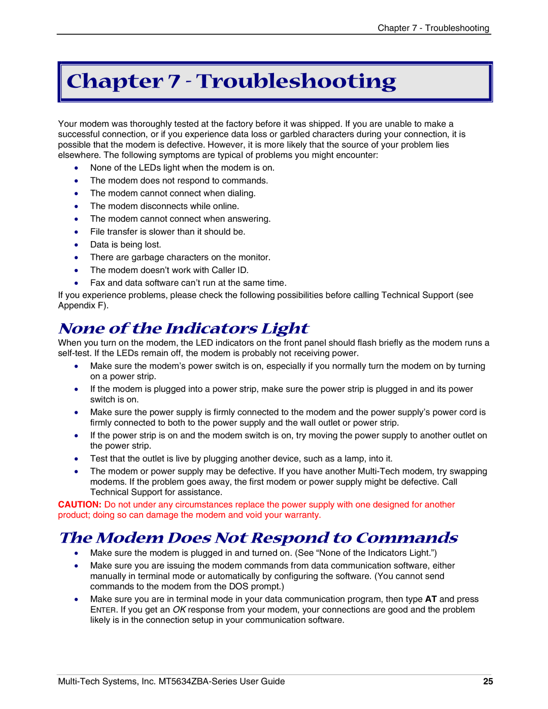 Multi-Tech Systems MT5634ZBAV.90 manual Troubleshooting, None of the Indicators Light, Modem Does Not Respond to Commands 