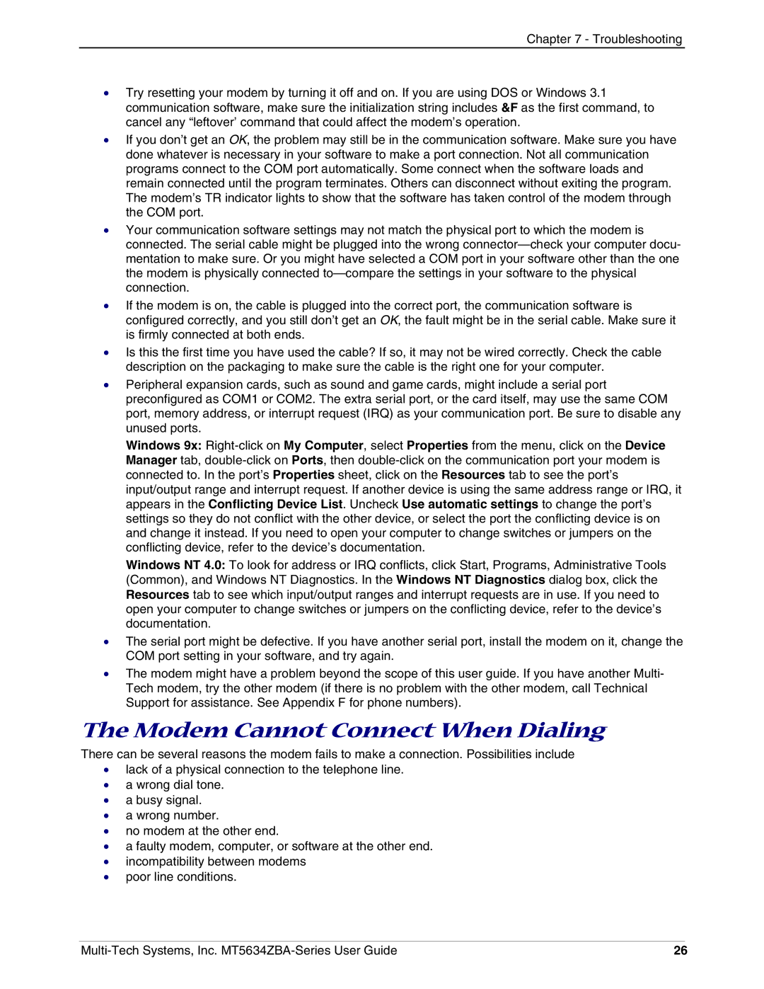 Multi-Tech Systems MT5634ZBAV.92, MT5634ZBA-VV.90, MT5634ZBAV.90 manual Modem Cannot Connect When Dialing 