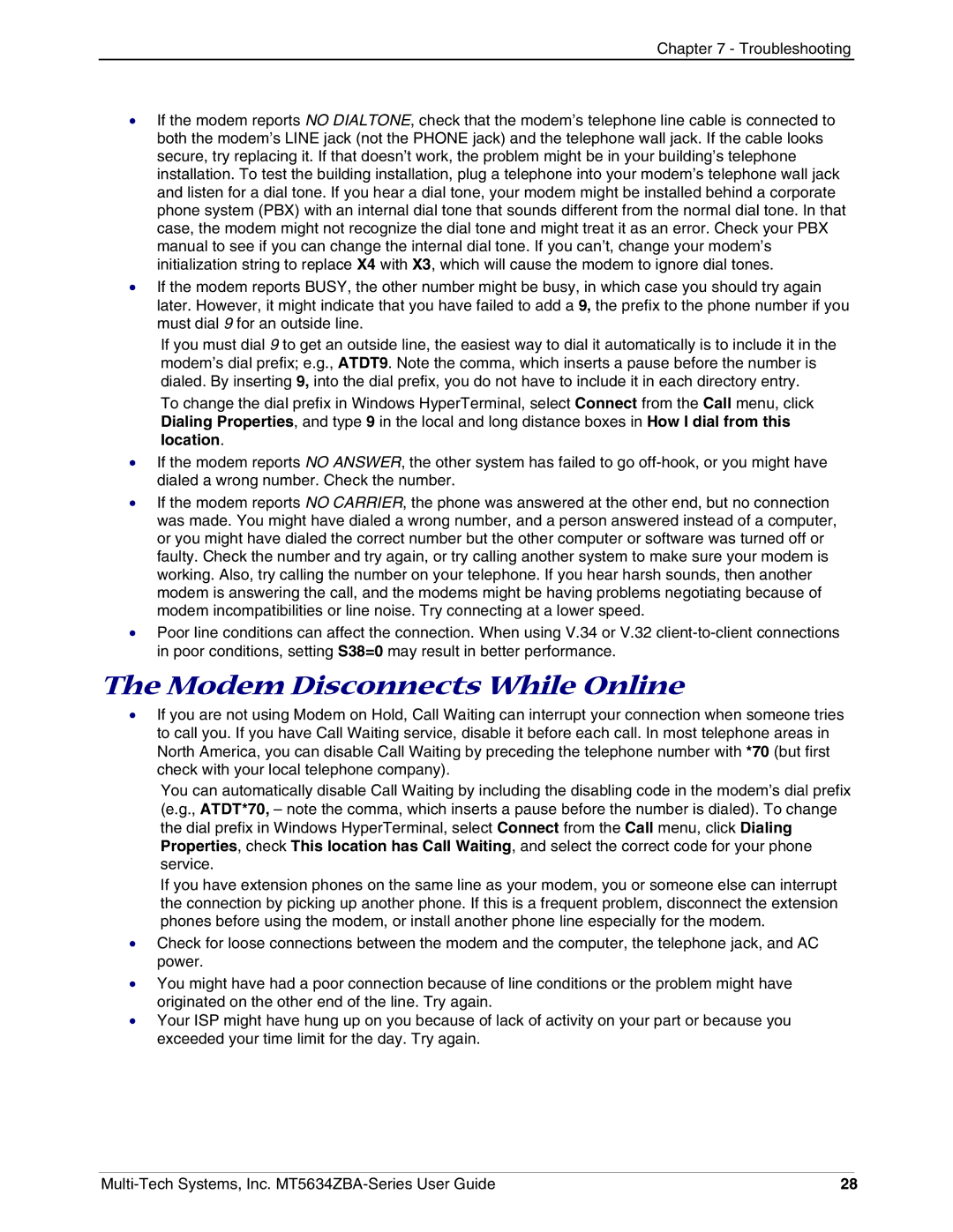 Multi-Tech Systems MT5634ZBAV.90, MT5634ZBA-VV.90, MT5634ZBAV.92 manual Modem Disconnects While Online 