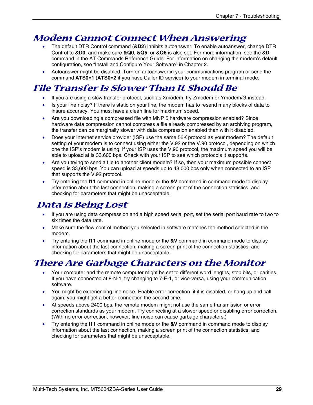 Multi-Tech Systems MT5634ZBAV.92 manual Modem Cannot Connect When Answering, File Transfer Is Slower Than It Should Be 