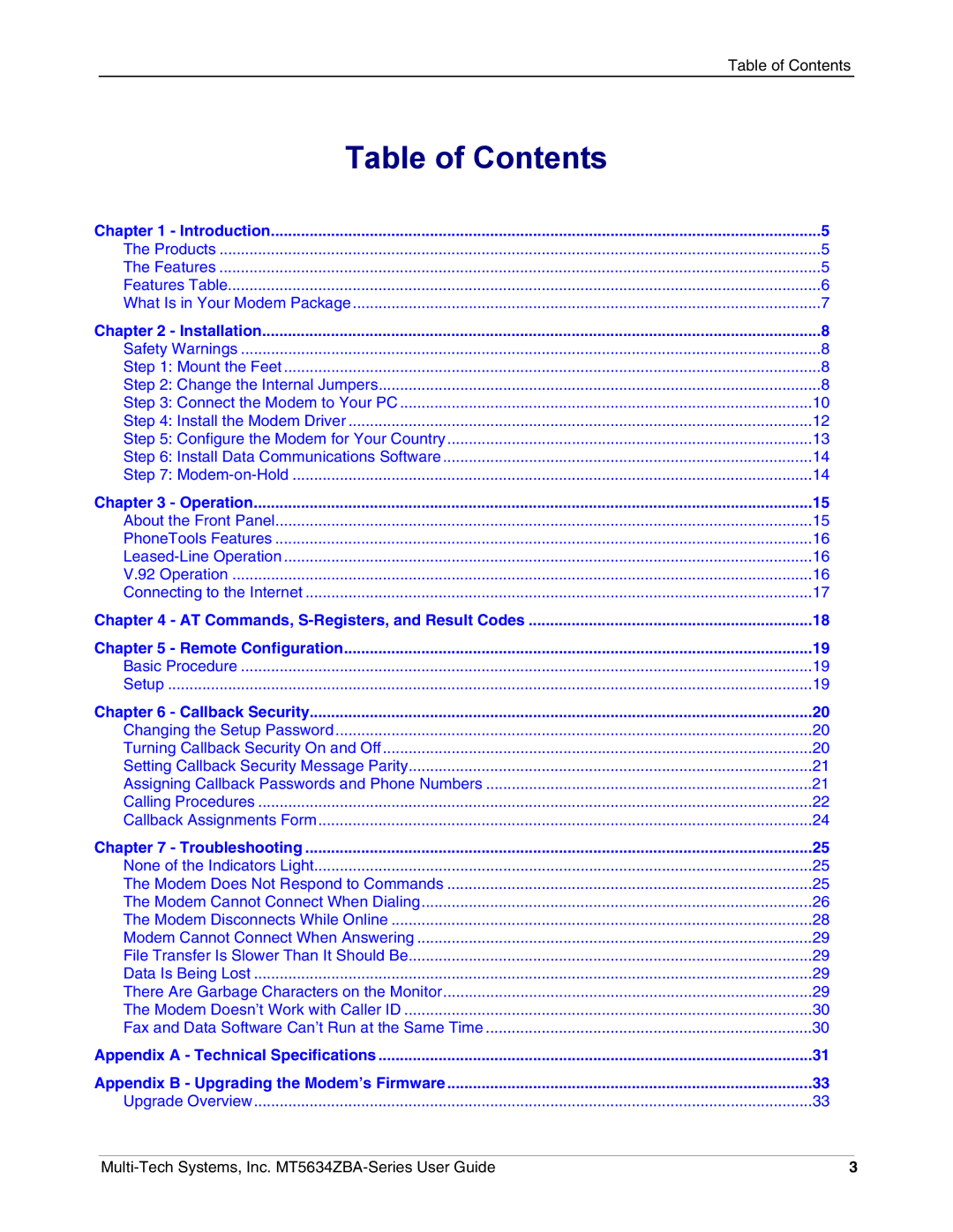 Multi-Tech Systems MT5634ZBA-VV.90, MT5634ZBAV.90, MT5634ZBAV.92 manual Table of Contents 