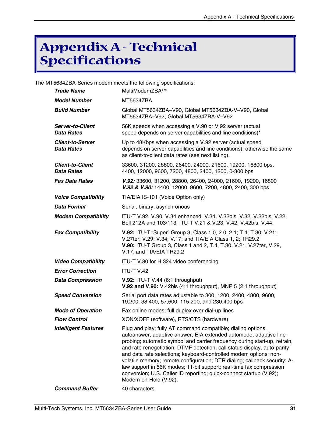 Multi-Tech Systems MT5634ZBAV.90, MT5634ZBA-VV.90, MT5634ZBAV.92 manual Appendix a Technical Specifications, Fax Data Rates 