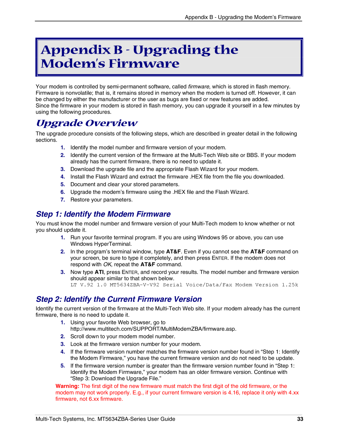 Multi-Tech Systems MT5634ZBA-VV.90 Appendix B Upgrading Modem’s Firmware, Upgrade Overview, Identify the Modem Firmware 