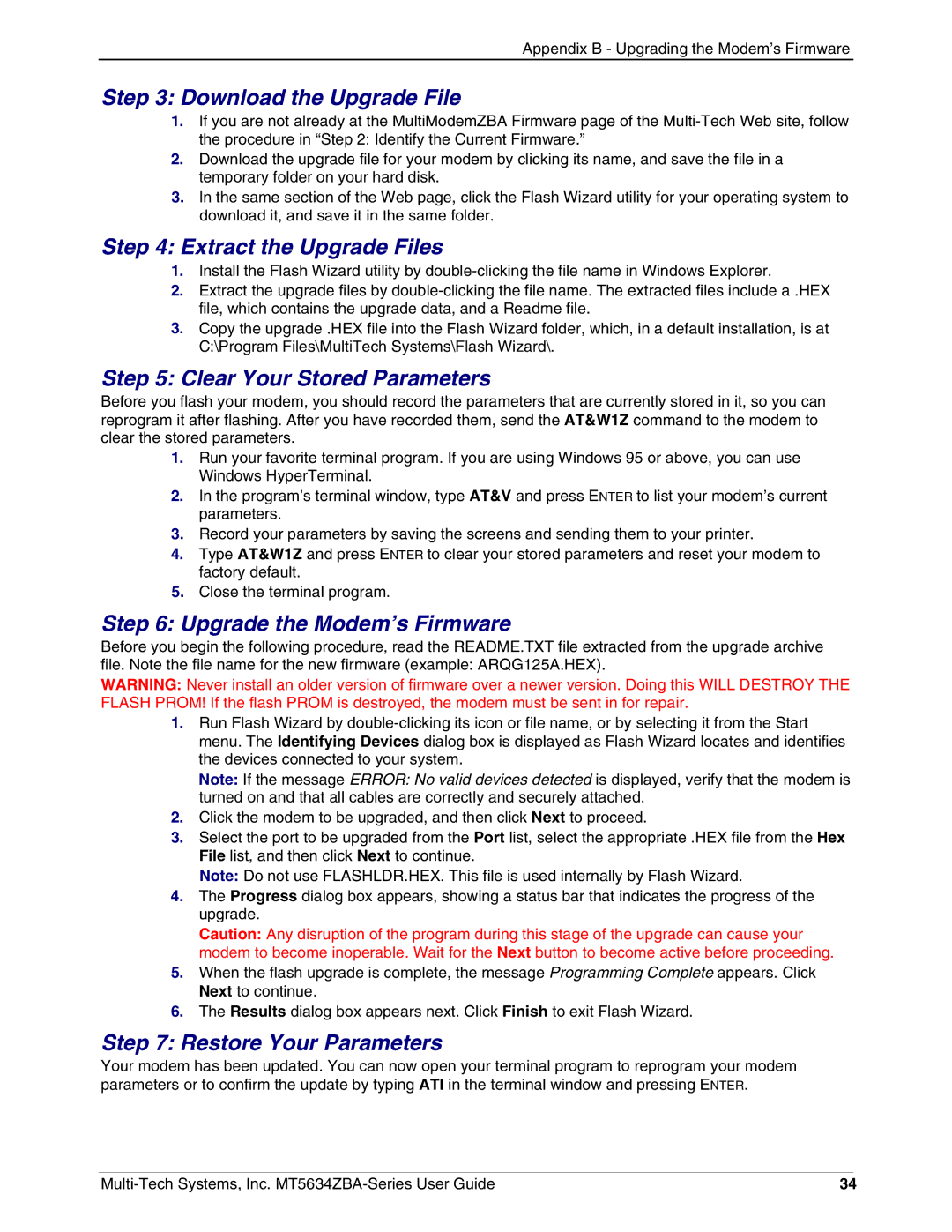Multi-Tech Systems MT5634ZBAV.90 manual Download the Upgrade File, Extract the Upgrade Files, Clear Your Stored Parameters 