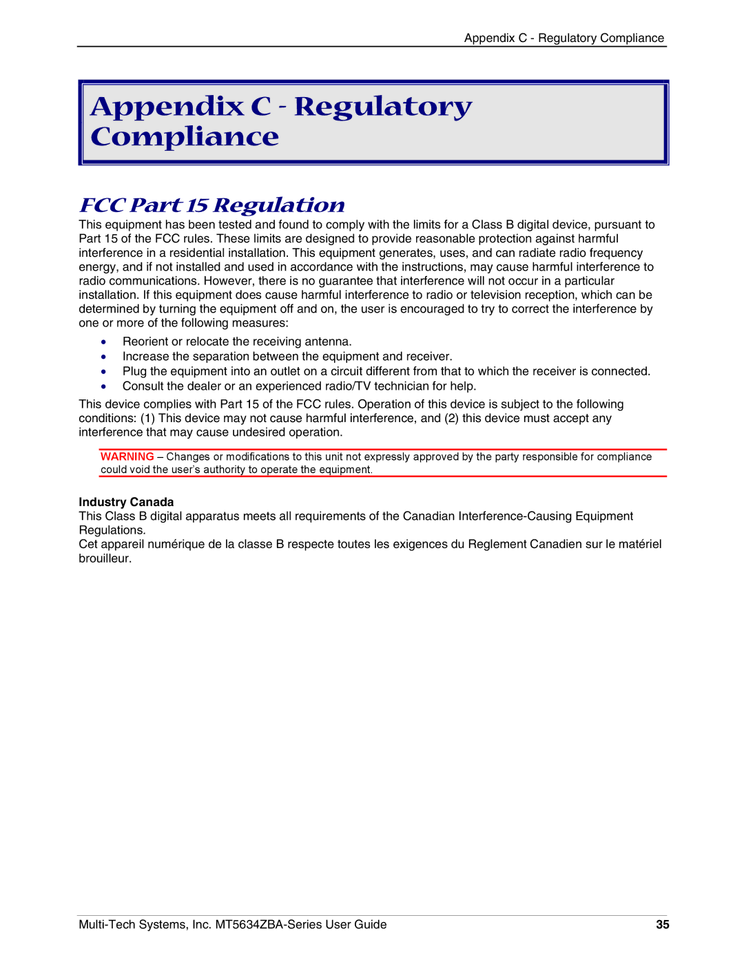 Multi-Tech Systems MT5634ZBAV.92, MT5634ZBA-VV.90, MT5634ZBAV.90 Appendix C Regulatory Compliance, FCC Part 15 Regulation 