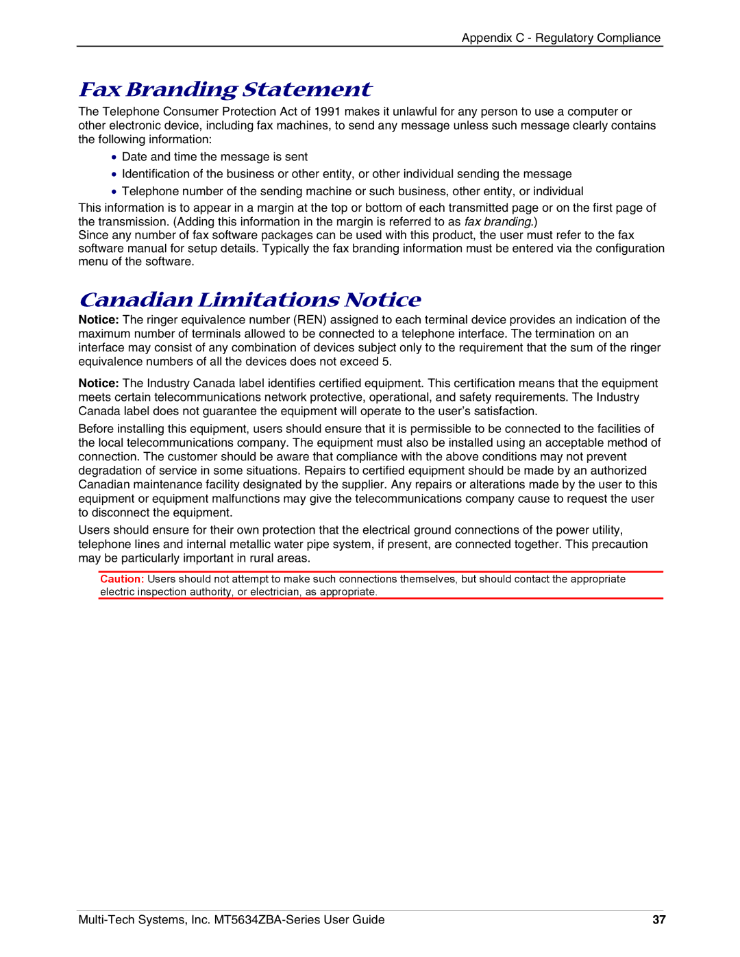 Multi-Tech Systems MT5634ZBAV.90, MT5634ZBA-VV.90, MT5634ZBAV.92 manual Fax Branding Statement, Canadian Limitations Notice 