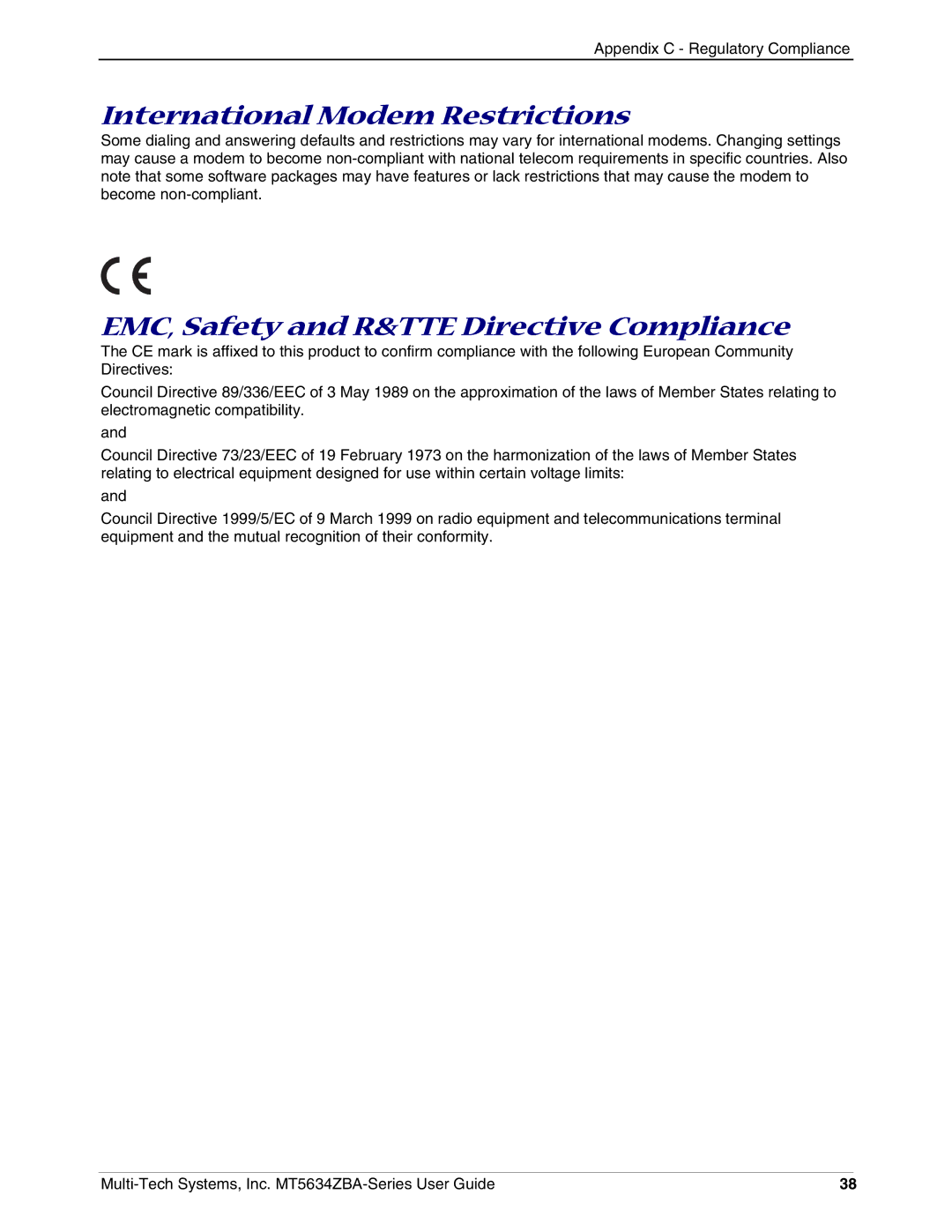 Multi-Tech Systems MT5634ZBAV.92 manual International Modem Restrictions, EMC, Safety and R&TTE Directive Compliance 