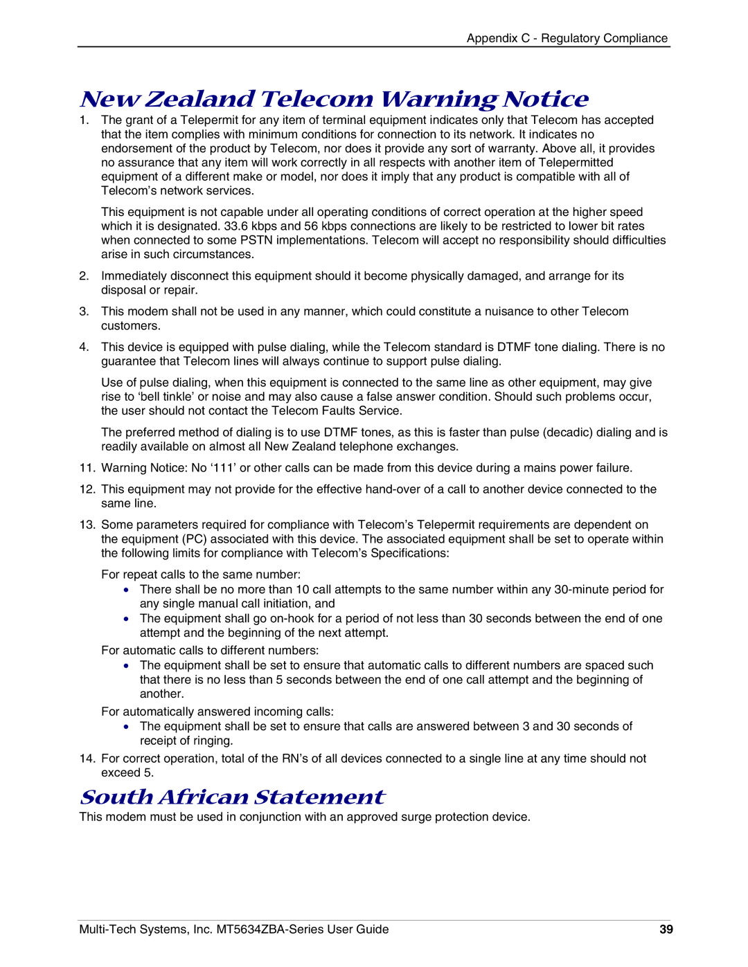 Multi-Tech Systems MT5634ZBA-VV.90, MT5634ZBAV.90 manual New Zealand Telecom Warning Notice, South African Statement 