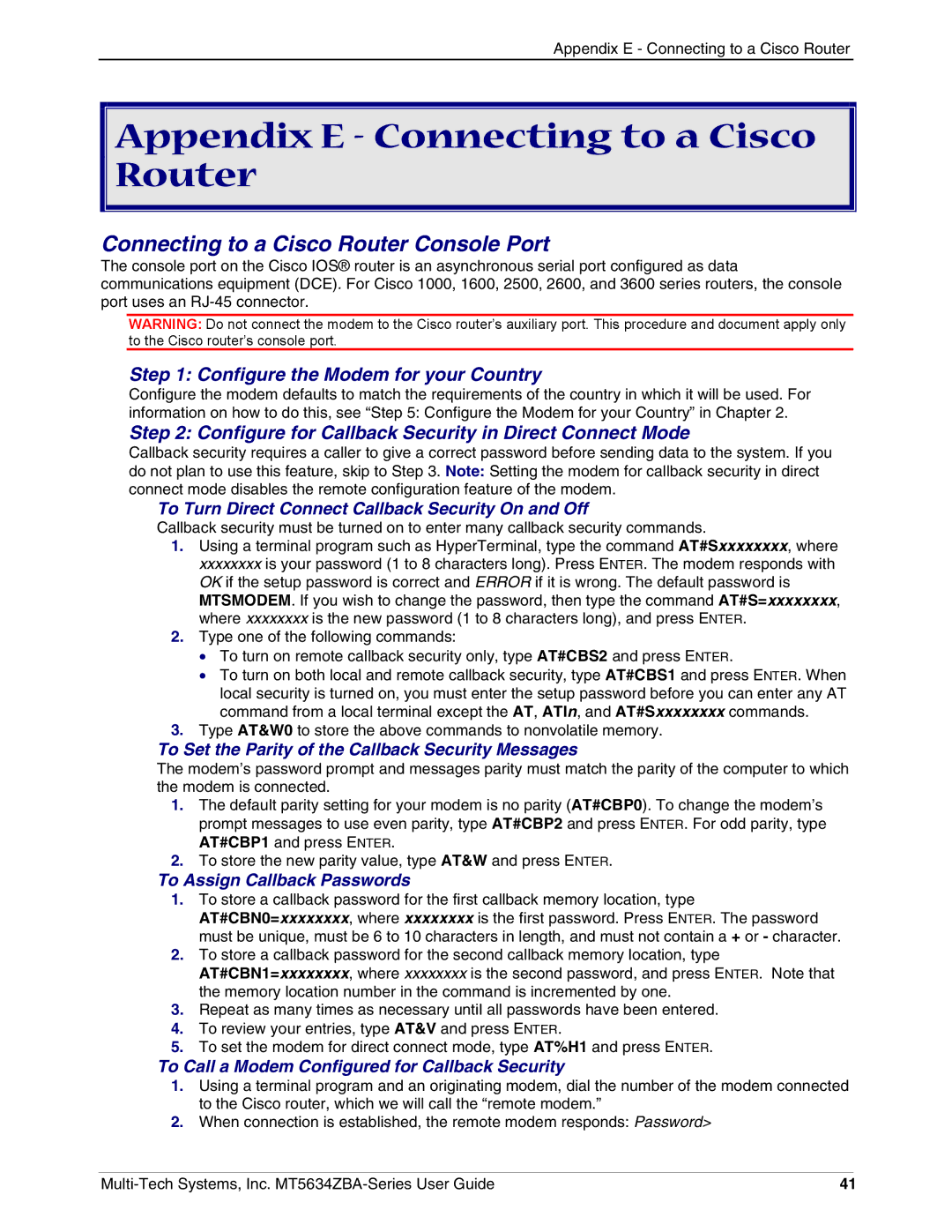 Multi-Tech Systems MT5634ZBAV.92 manual Appendix E Connecting to a Cisco Router, Connecting to a Cisco Router Console Port 