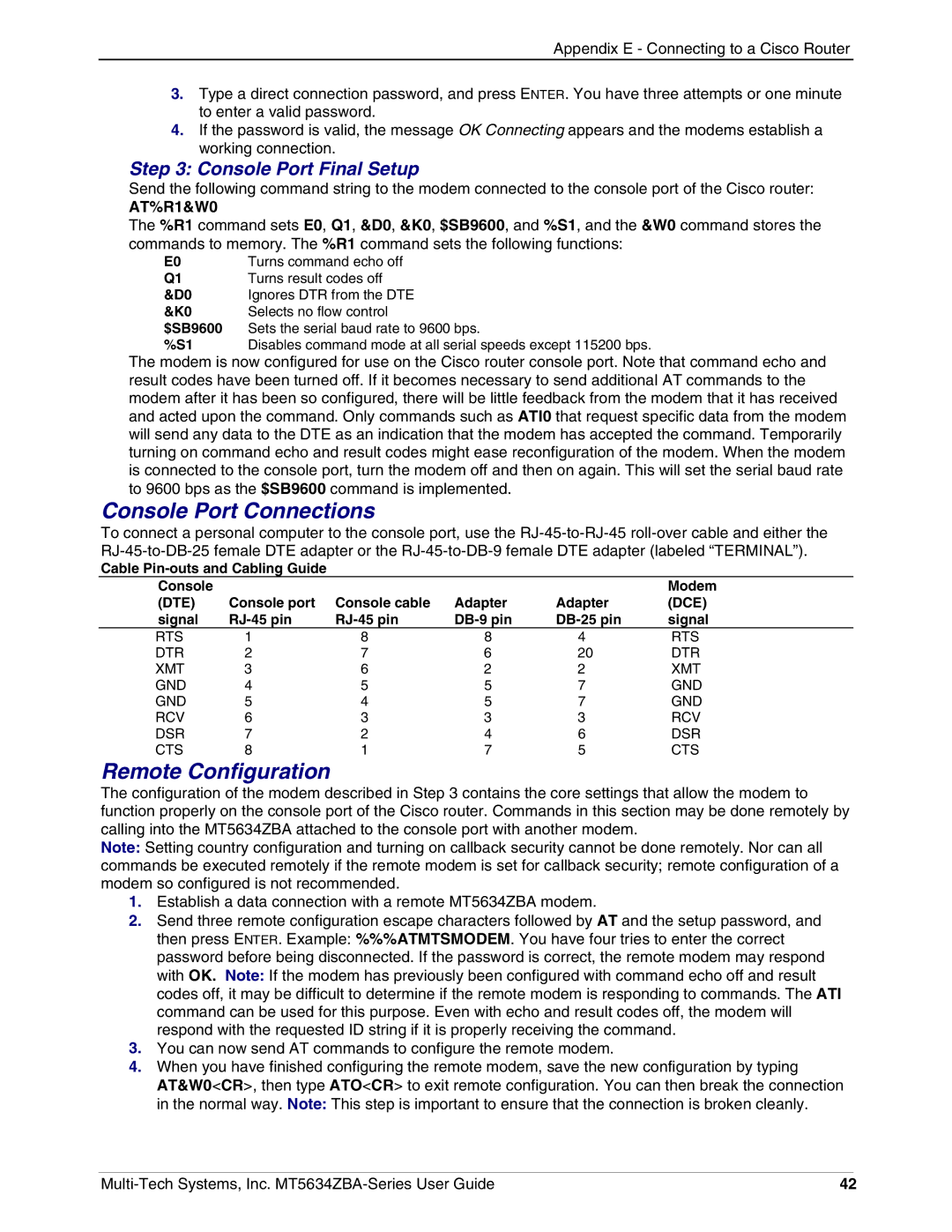 Multi-Tech Systems MT5634ZBA-VV.90, MT5634ZBAV.90, MT5634ZBAV.92 manual Console Port Connections, Remote Configuration 