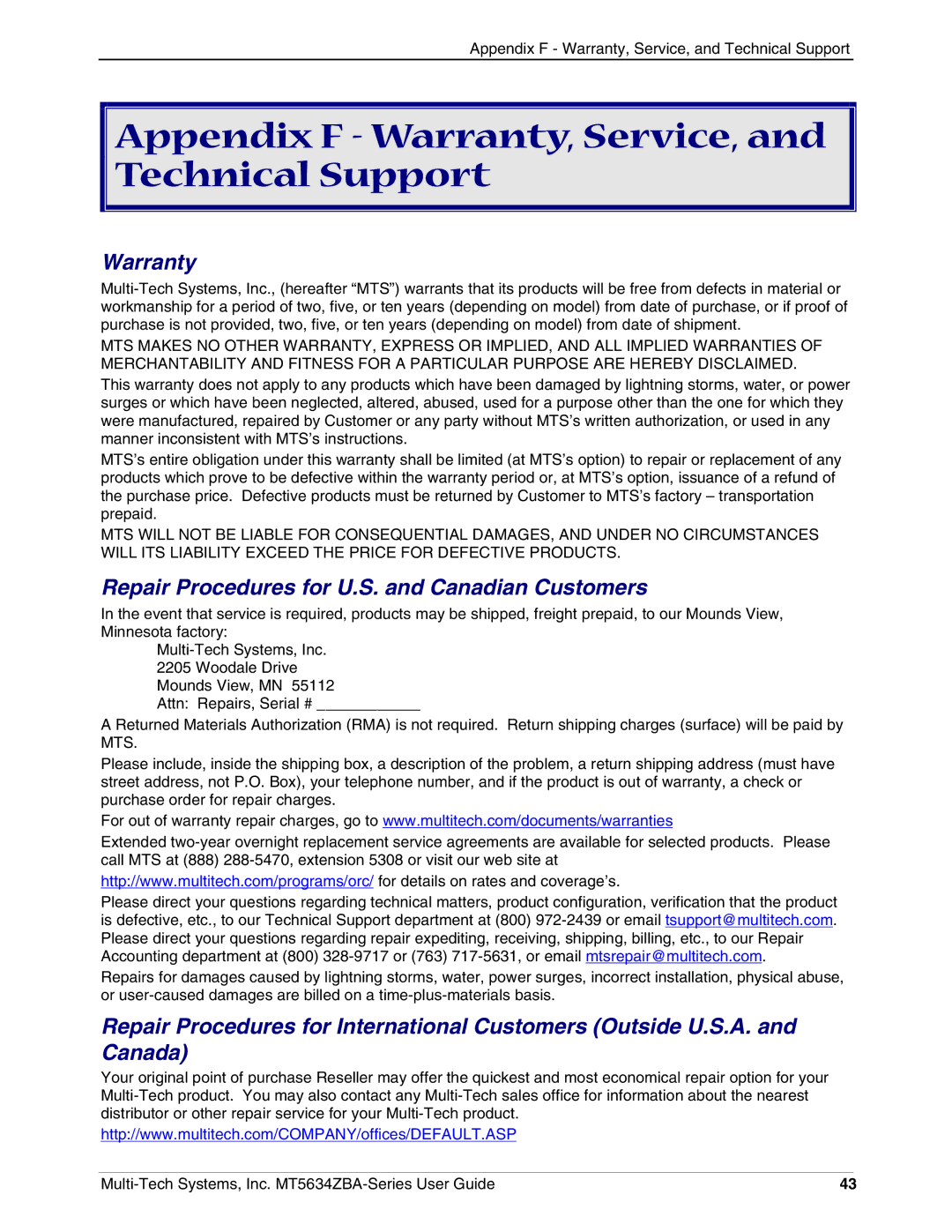 Multi-Tech Systems MT5634ZBAV.90, MT5634ZBA-VV.90, MT5634ZBAV.92 manual Appendix F Warranty, Service, and Technical Support 