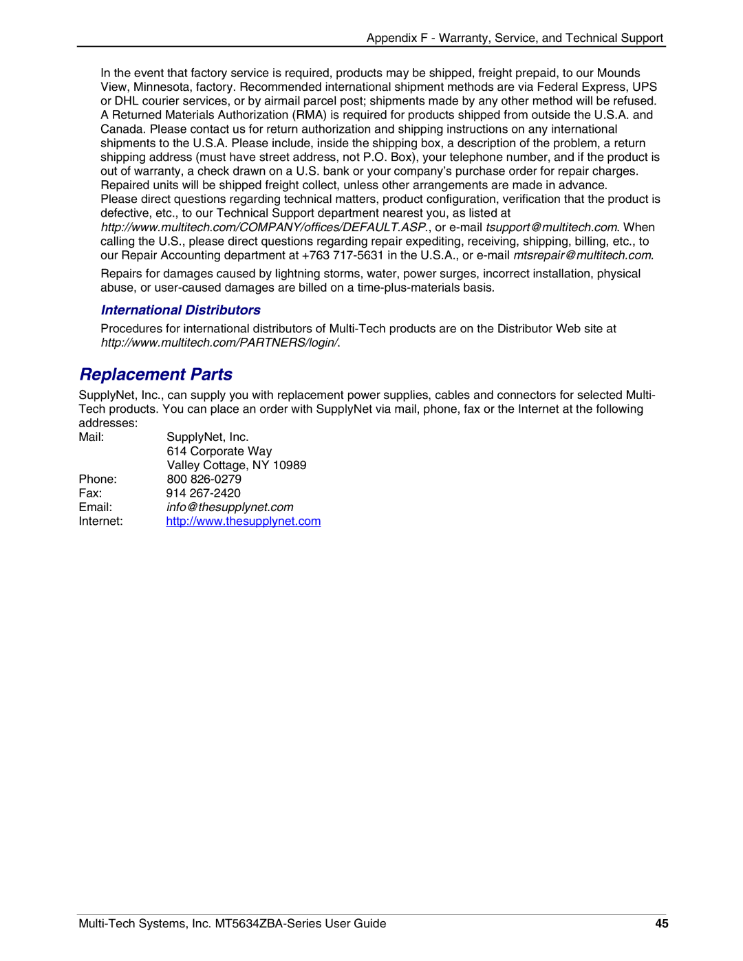 Multi-Tech Systems MT5634ZBA-VV.90, MT5634ZBAV.90, MT5634ZBAV.92 manual Replacement Parts 