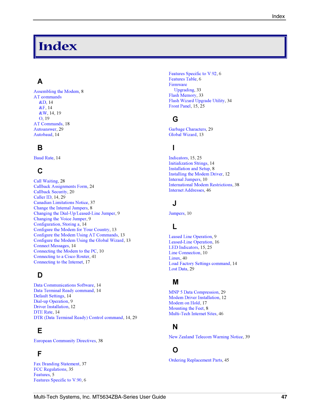 Multi-Tech Systems MT5634ZBAV.92, MT5634ZBA-VV.90, MT5634ZBAV.90 manual Index 