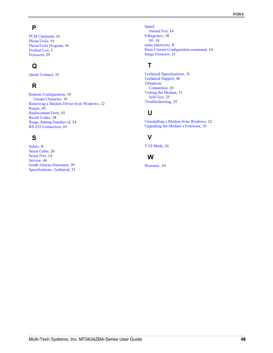 Multi-Tech Systems MT5634ZBA-VV.90, MT5634ZBAV.90, MT5634ZBAV.92 manual Index 