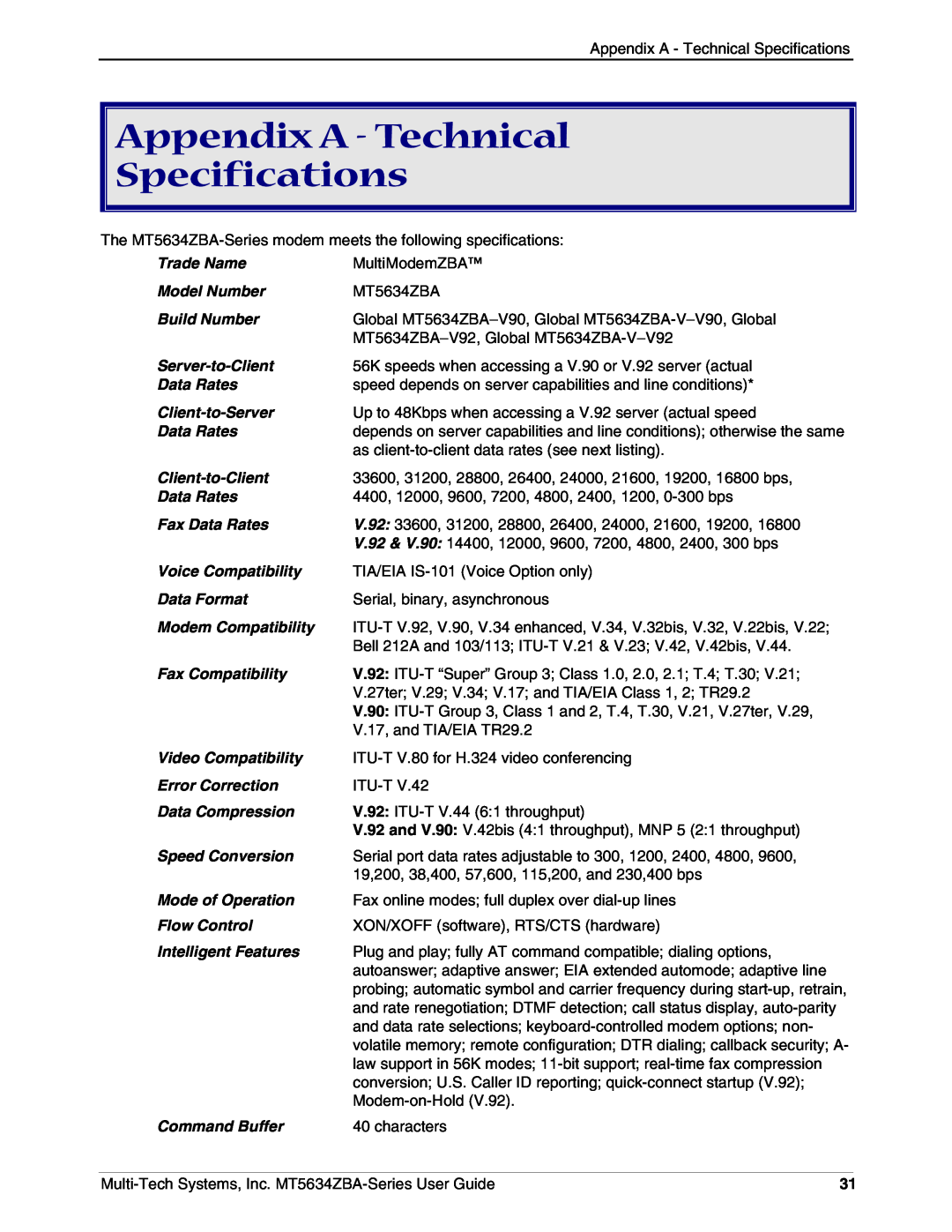 Multi-Tech Systems MT5634ZBAV.90, MT5634ZBA-VV.90, MT5634ZBAV.92 manual Appendix A - Technical Specifications 