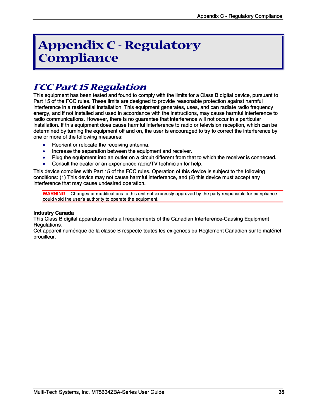Multi-Tech Systems MT5634ZBAV.92 manual Appendix C - Regulatory Compliance, FCC Part 15 Regulation, Industry Canada 