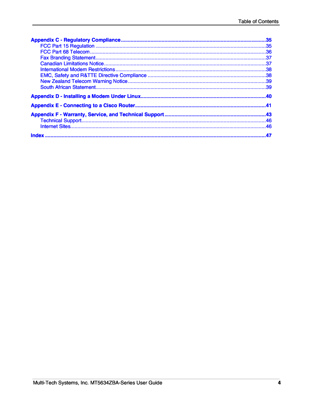 Multi-Tech Systems MT5634ZBAV.90, MT5634ZBA-VV.90 manual Table of Contents, Appendix C - Regulatory Compliance, Index 