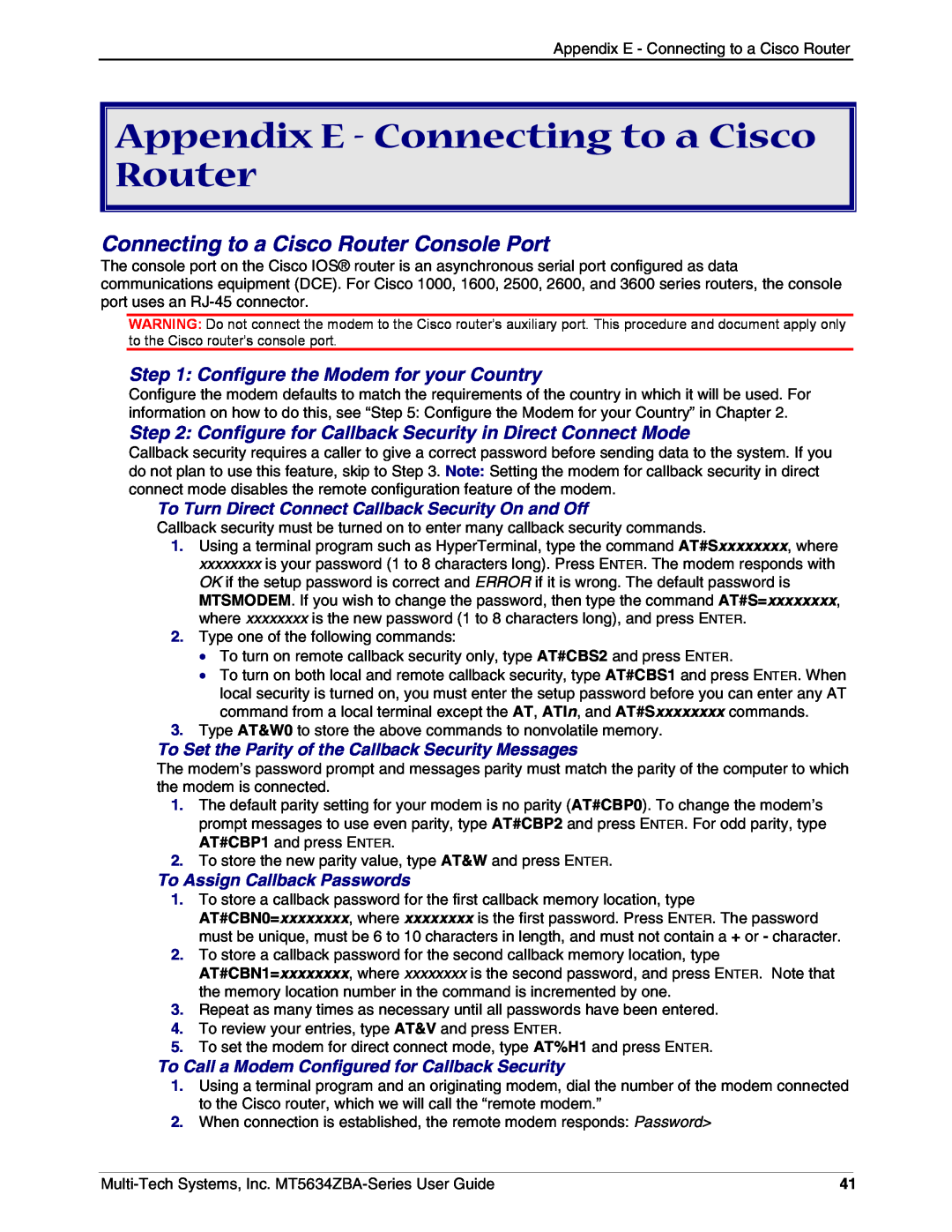 Multi-Tech Systems MT5634ZBAV.92 Appendix E - Connecting to a Cisco Router, Connecting to a Cisco Router Console Port 