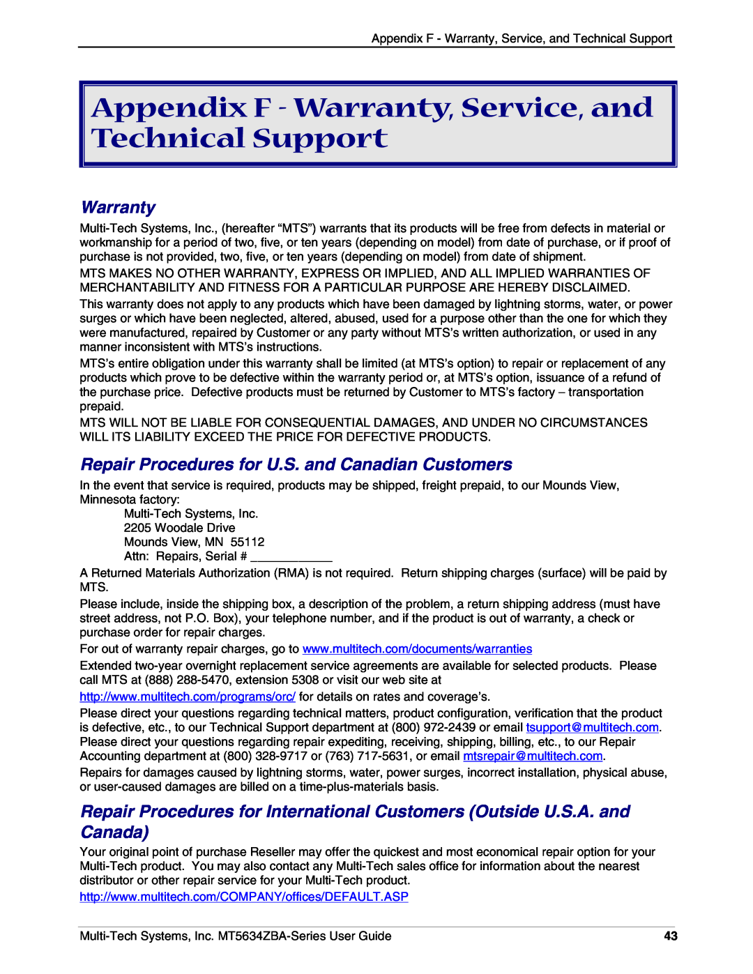 Multi-Tech Systems MT5634ZBAV.90, MT5634ZBA-VV.90, MT5634ZBAV.92 manual Appendix F - Warranty, Service, and Technical Support 