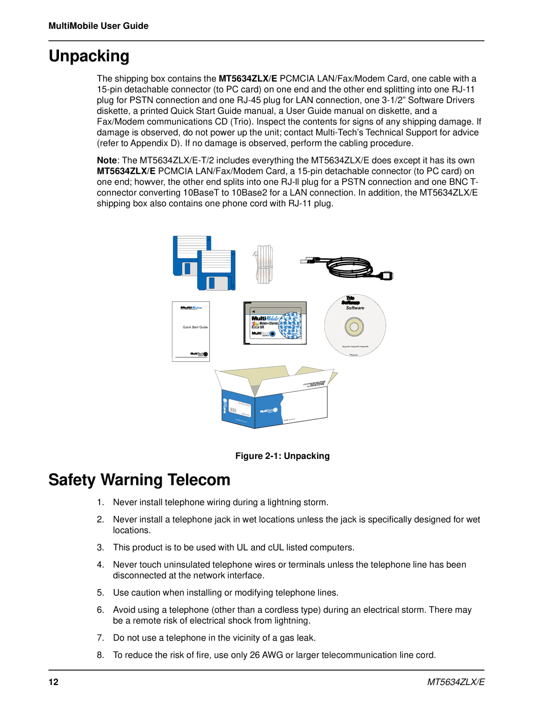 Multi-Tech Systems MT5634ZLXE-T, MT5634ZLX 2 manual Unpacking, Safety Warning Telecom 