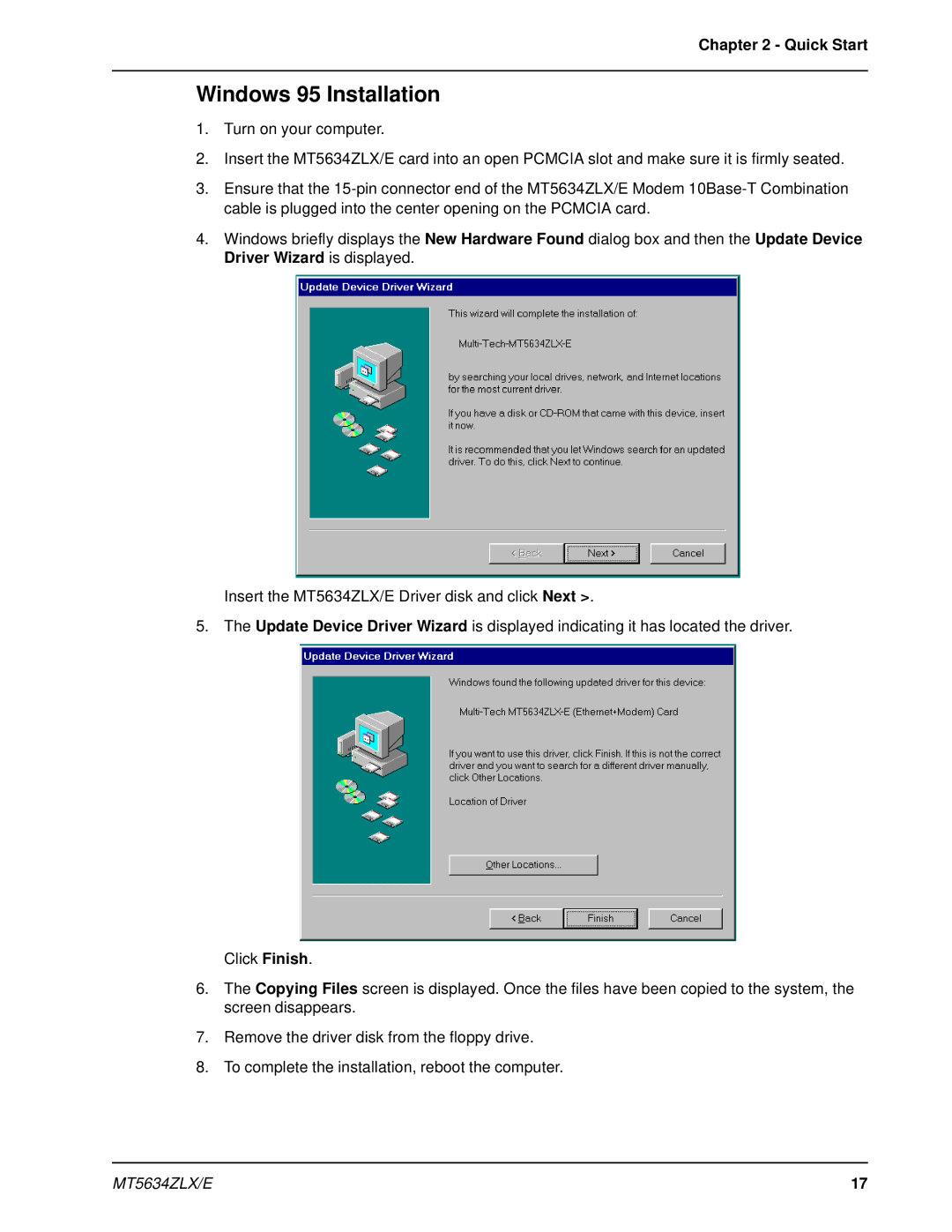 Multi-Tech Systems MT5634ZLXE-T, MT5634ZLX 2 manual Windows 95 Installation 