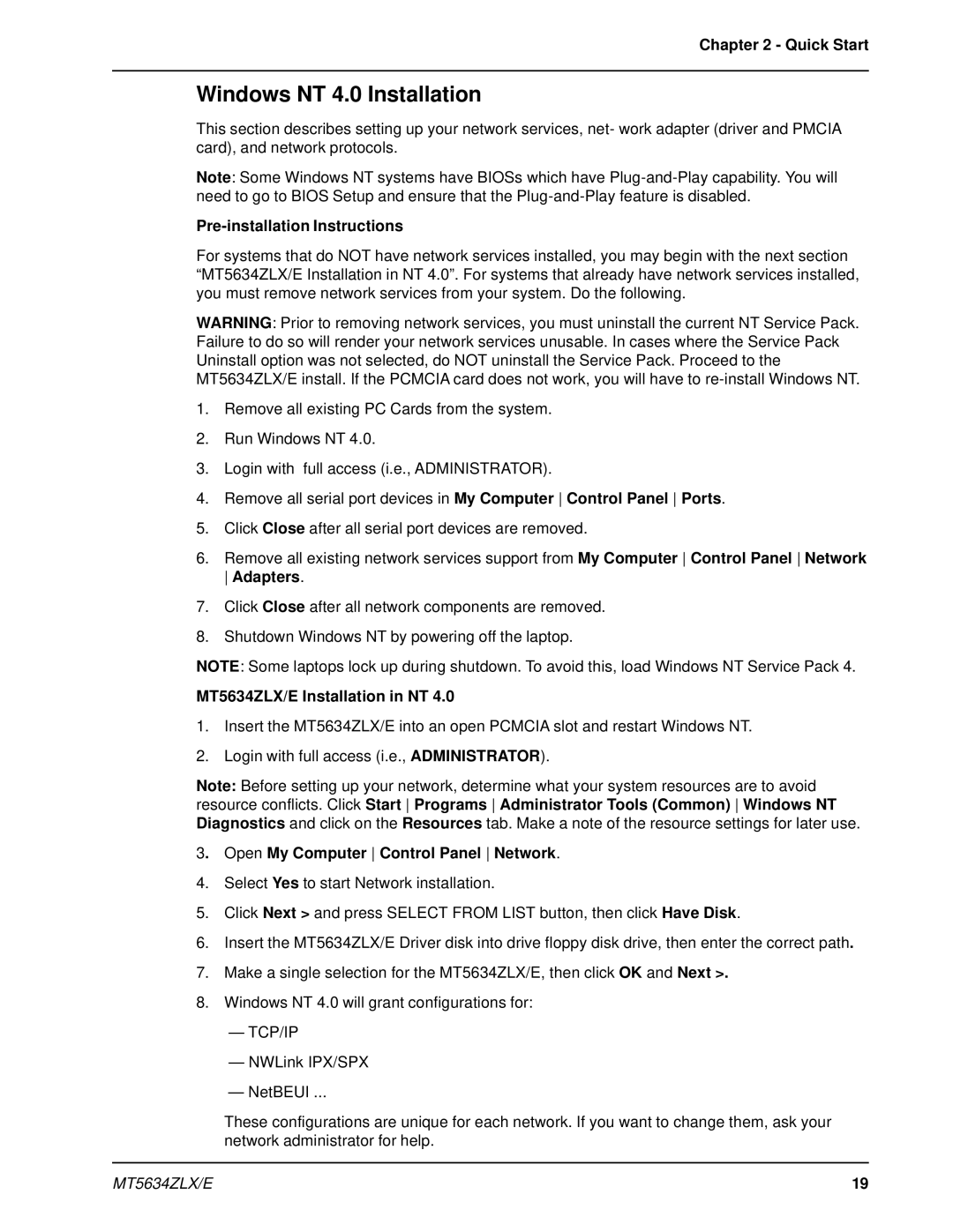 Multi-Tech Systems MT5634ZLX 2 Windows NT 4.0 Installation, Pre-installation Instructions, MT5634ZLX/E Installation in NT 