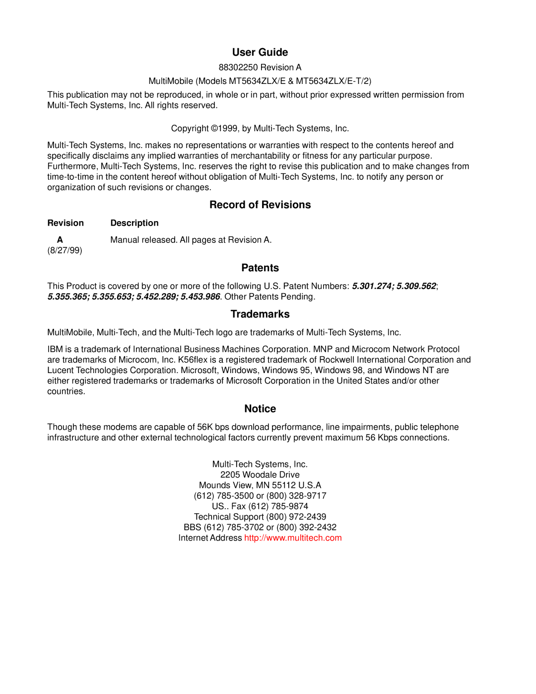 Multi-Tech Systems MT5634ZLXE-T, MT5634ZLX 2 manual User Guide, Revision Description 