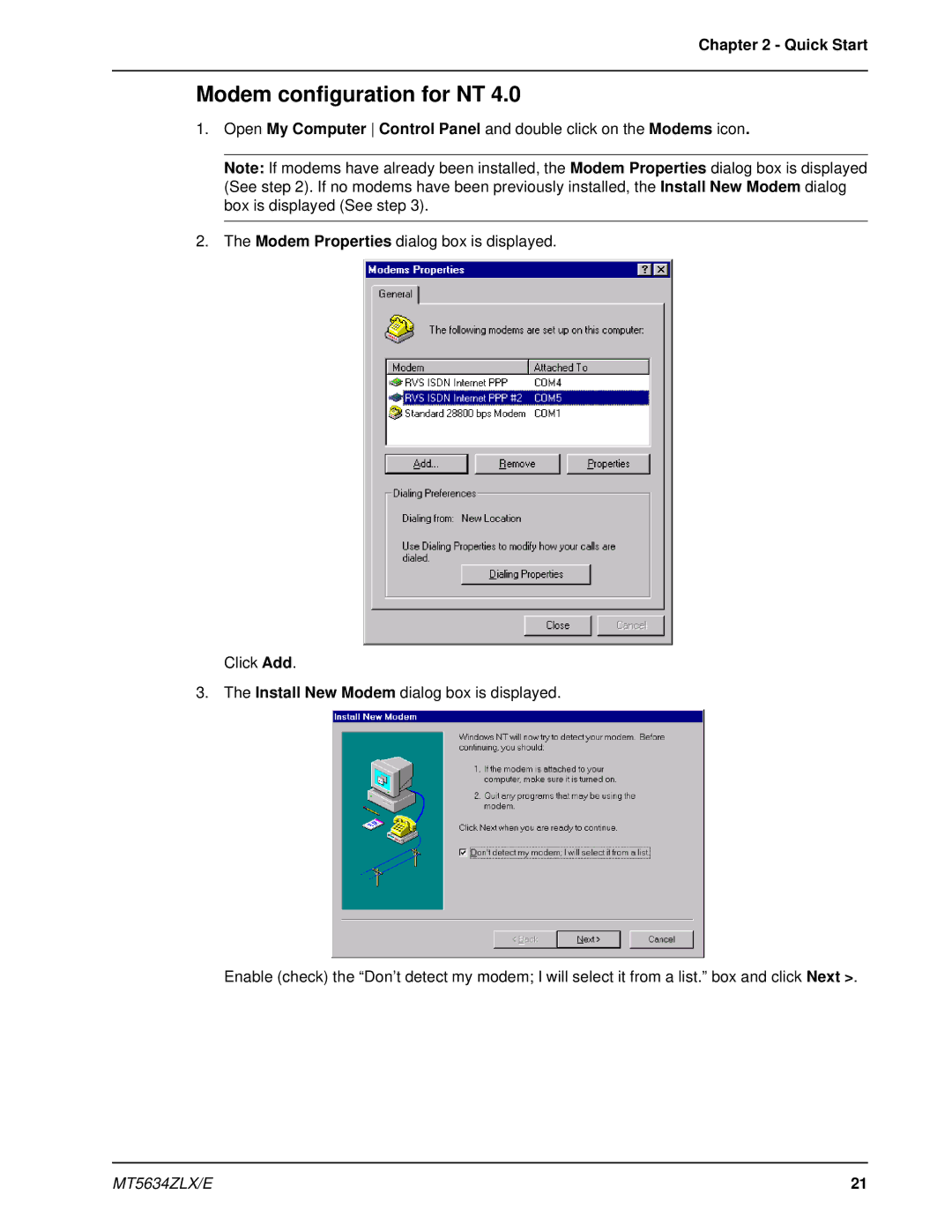 Multi-Tech Systems MT5634ZLXE-T, MT5634ZLX 2 manual Modem configuration for NT 