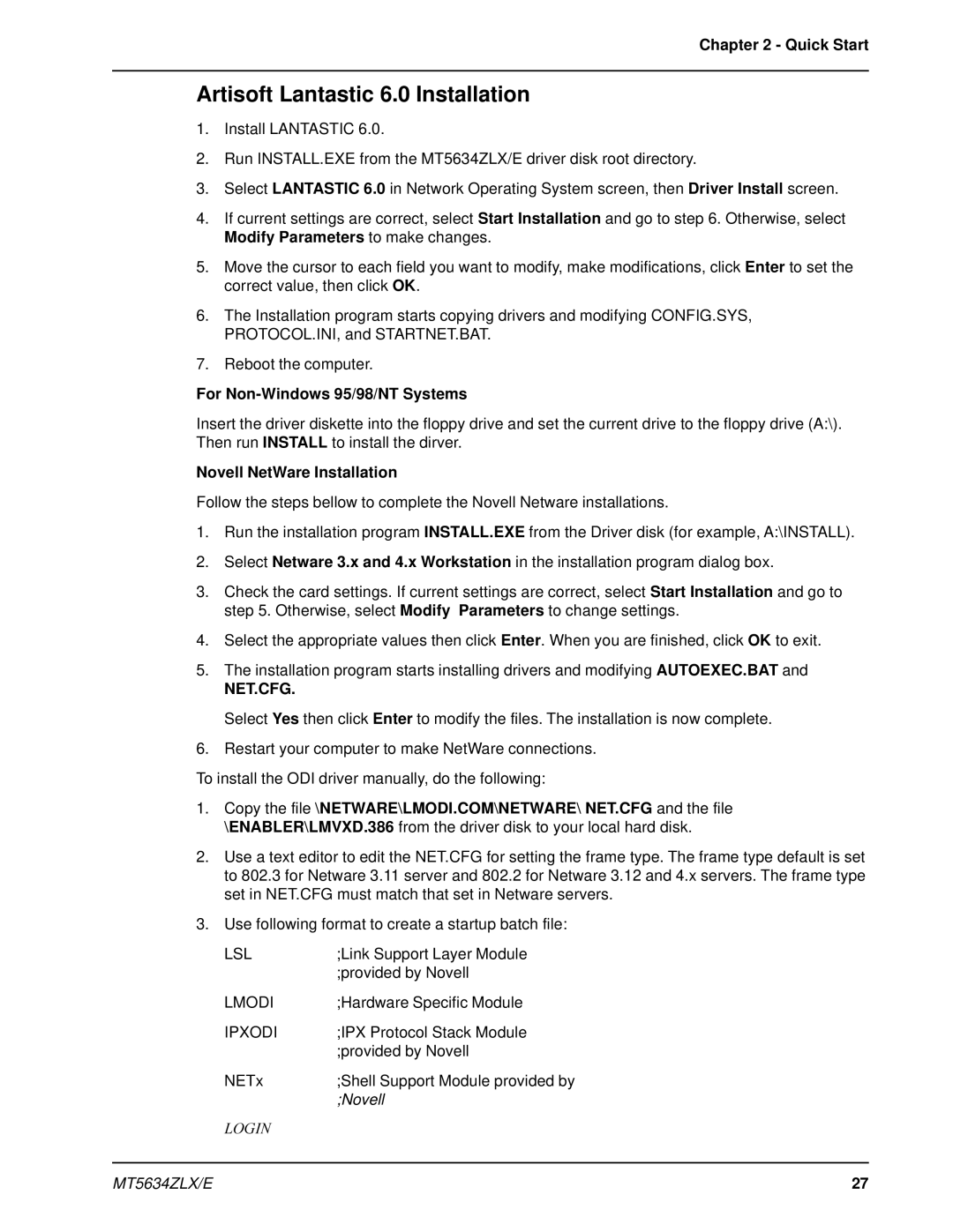 Multi-Tech Systems MT5634ZLX 2, MT5634ZLXE-T manual Artisoft Lantastic 6.0 Installation, For Non-Windows 95/98/NT Systems 