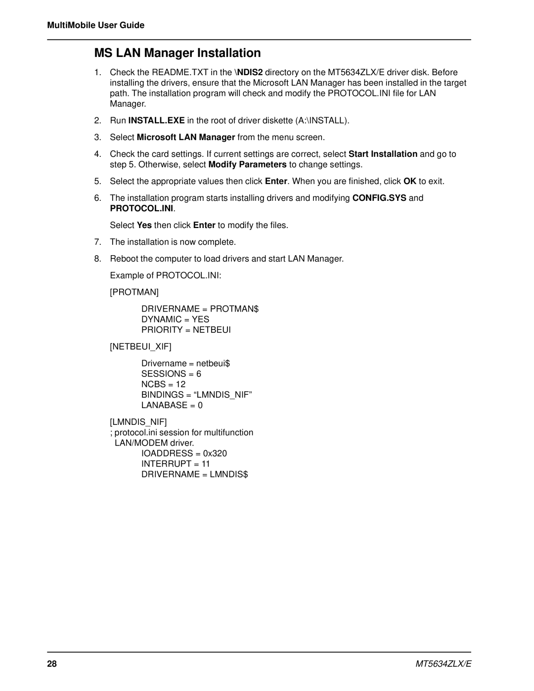 Multi-Tech Systems MT5634ZLXE-T, MT5634ZLX 2 manual MS LAN Manager Installation, Protocol.Ini 