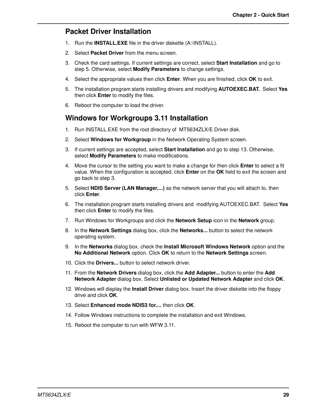 Multi-Tech Systems MT5634ZLXE-T, MT5634ZLX 2 manual Packet Driver Installation, Windows for Workgroups 3.11 Installation 