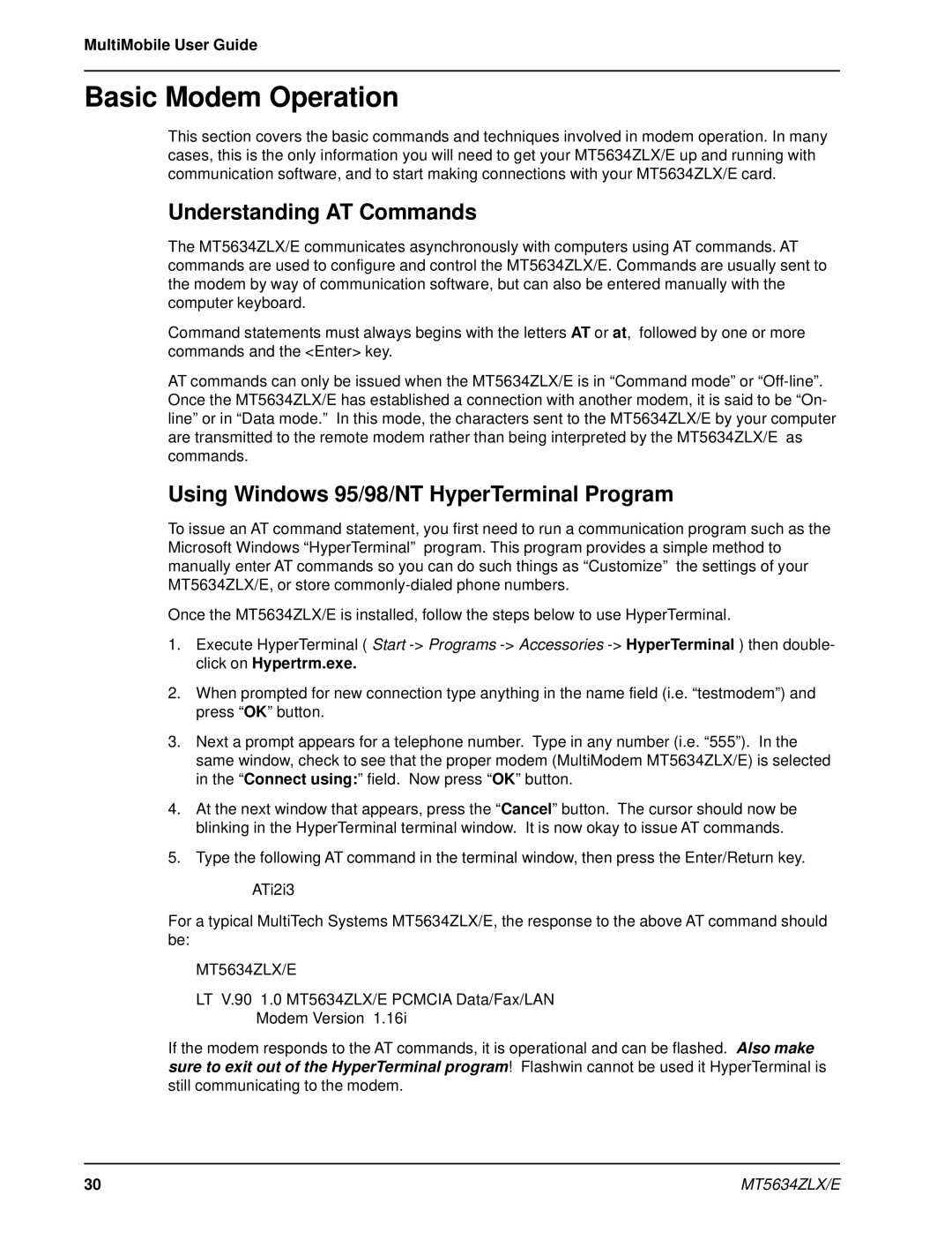 Multi-Tech Systems MT5634ZLXE-T, MT5634ZLX 2 manual Basic Modem Operation, Understanding AT Commands 