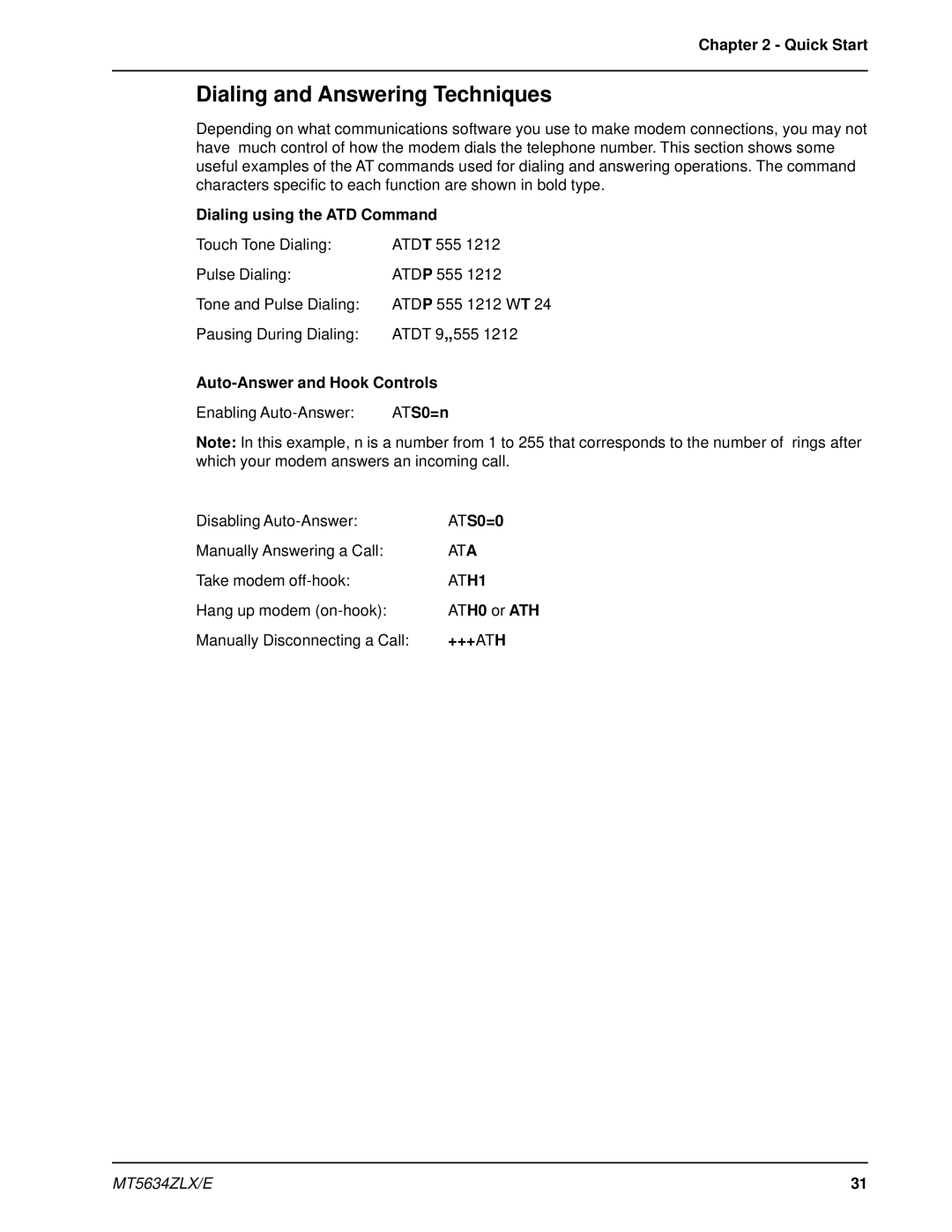 Multi-Tech Systems MT5634ZLX 2, MT5634ZLXE-T manual Dialing and Answering Techniques 