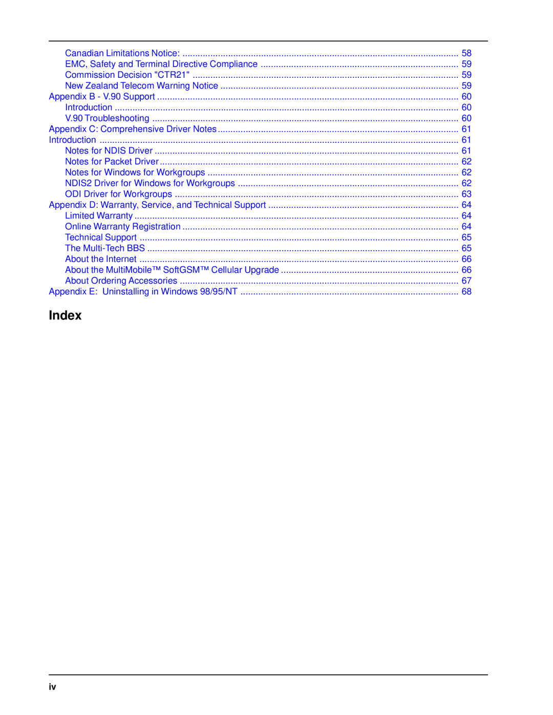 Multi-Tech Systems MT5634ZLXE-T, MT5634ZLX 2 manual Index, EMC, Safety and Terminal Directive Compliance 