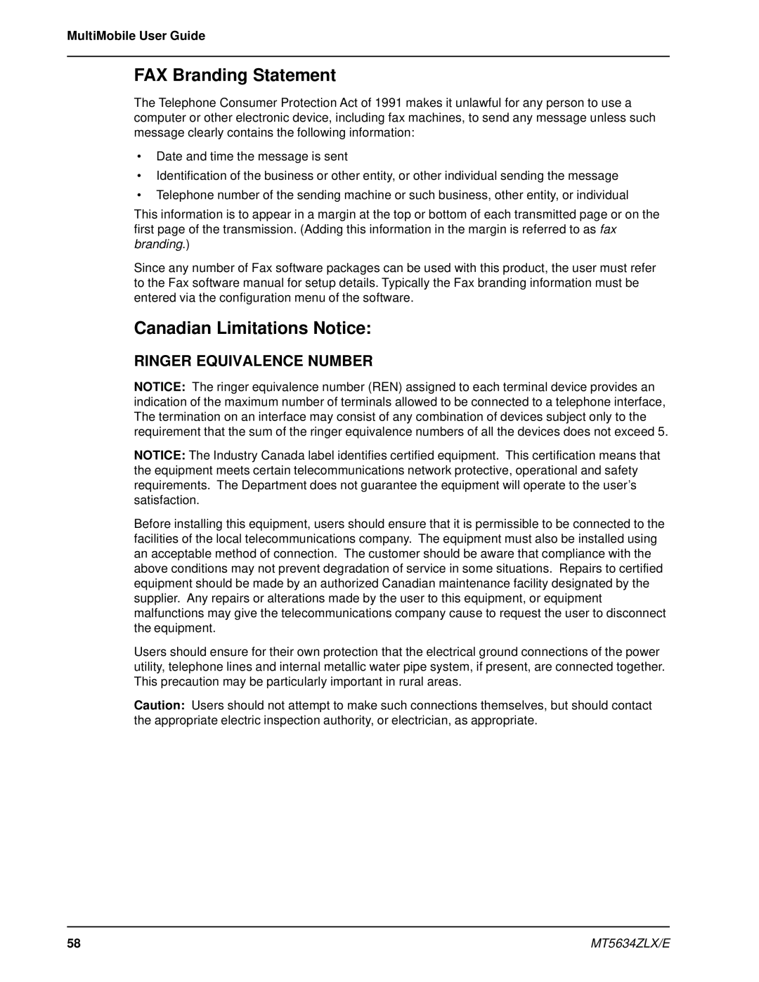 Multi-Tech Systems MT5634ZLXE-T, MT5634ZLX 2 manual FAX Branding Statement, Canadian Limitations Notice 