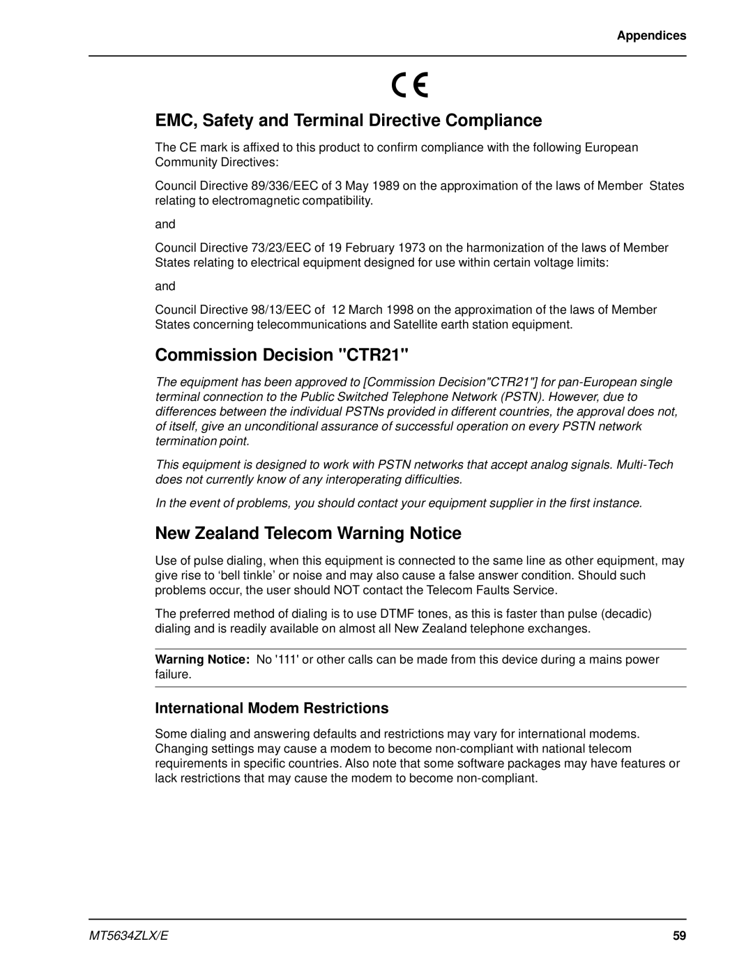 Multi-Tech Systems MT5634ZLX 2, MT5634ZLXE-T manual EMC, Safety and Terminal Directive Compliance, Commission Decision CTR21 