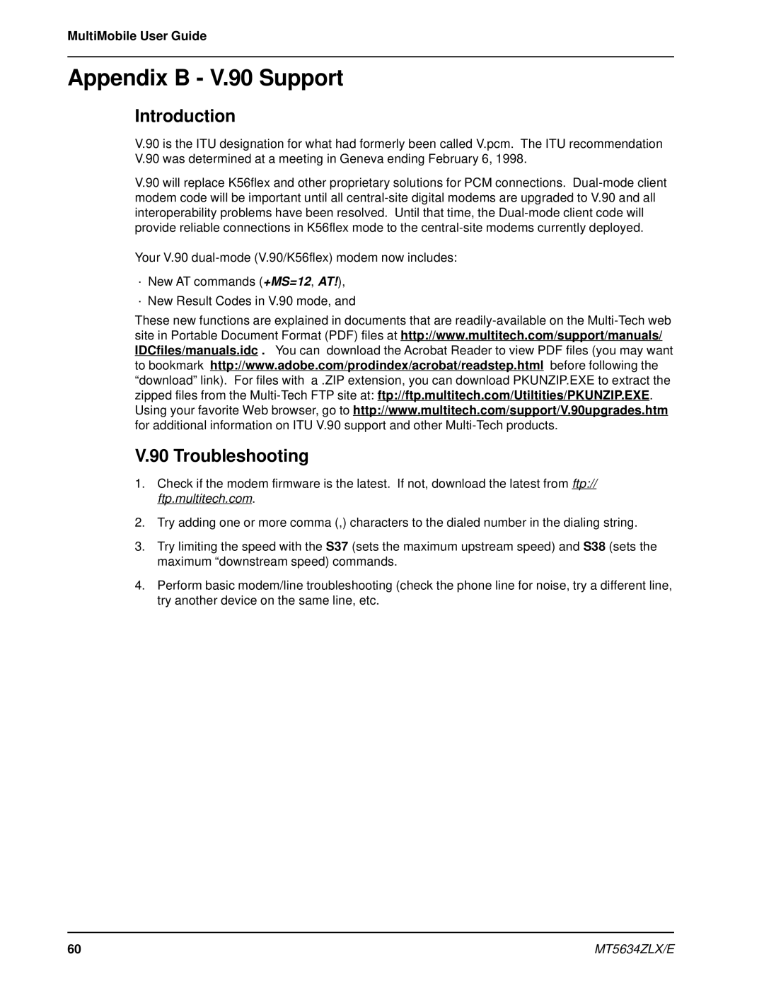 Multi-Tech Systems MT5634ZLXE-T, MT5634ZLX 2 manual Appendix B V.90 Support, Introduction, Troubleshooting 