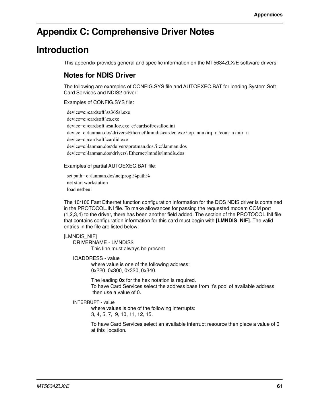 Multi-Tech Systems MT5634ZLXE manual Appendix C Comprehensive Driver Notes Introduction, Lmndisnif Drivername LMNDIS$ 