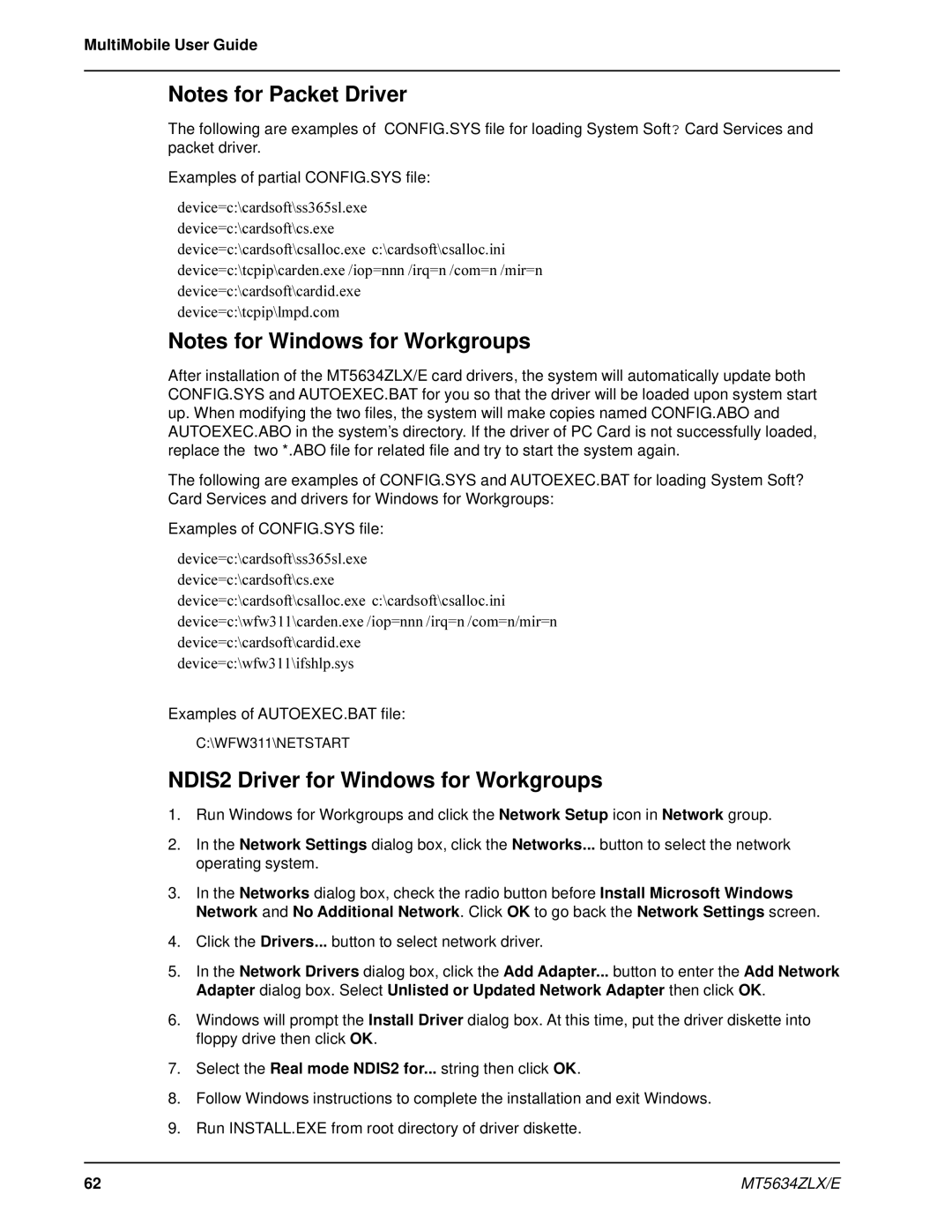 Multi-Tech Systems MT5634ZLXE-T, MT5634ZLX 2 manual NDIS2 Driver for Windows for Workgroups 