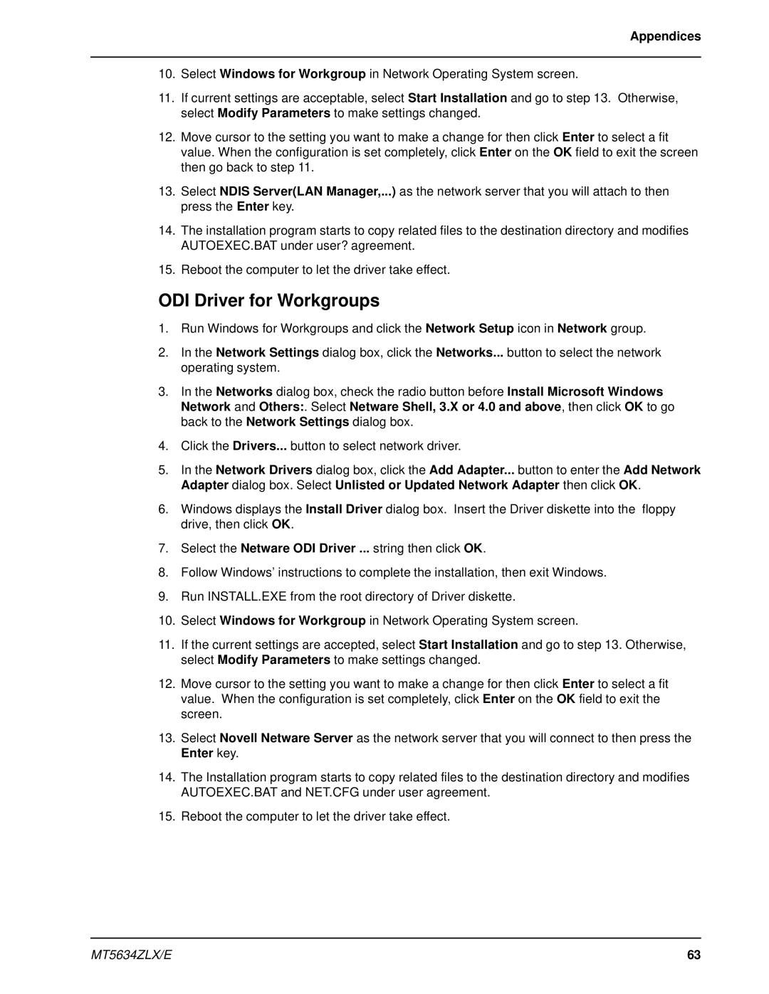 Multi-Tech Systems MT5634ZLX 2, MT5634ZLXE-T manual ODI Driver for Workgroups 