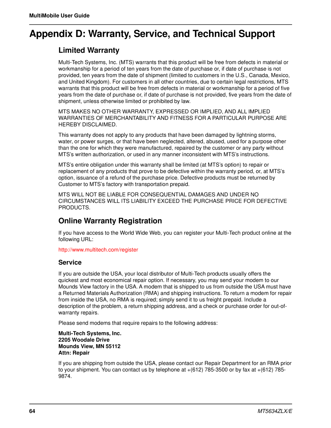 Multi-Tech Systems MT5634ZLXE-T, MT5634ZLX 2 manual Appendix D Warranty, Service, and Technical Support, Limited Warranty 