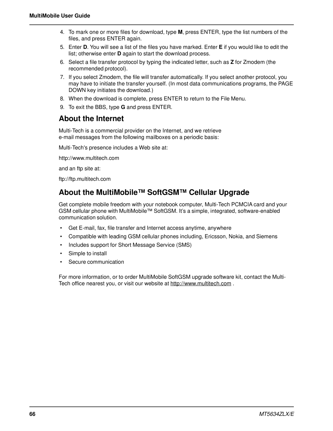 Multi-Tech Systems MT5634ZLXE-T, MT5634ZLX 2 manual About the Internet, About the MultiMobile SoftGSM Cellular Upgrade 